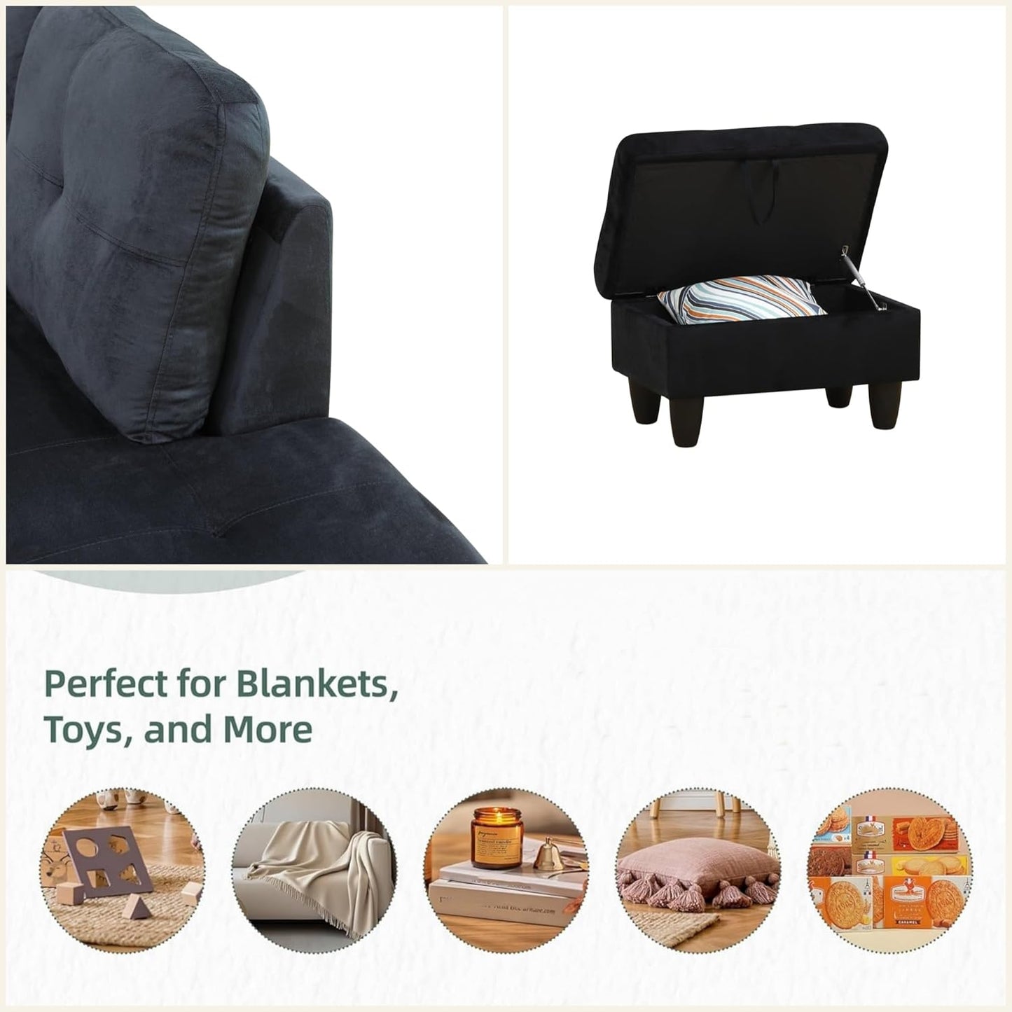 L Shaped Sectional Couches for Living Room, Modern Modular Sectional Sofa with Ottoman Storage, Comfy L Shaped Couch with Chaise for Bedroom Apartment Furniture, Black