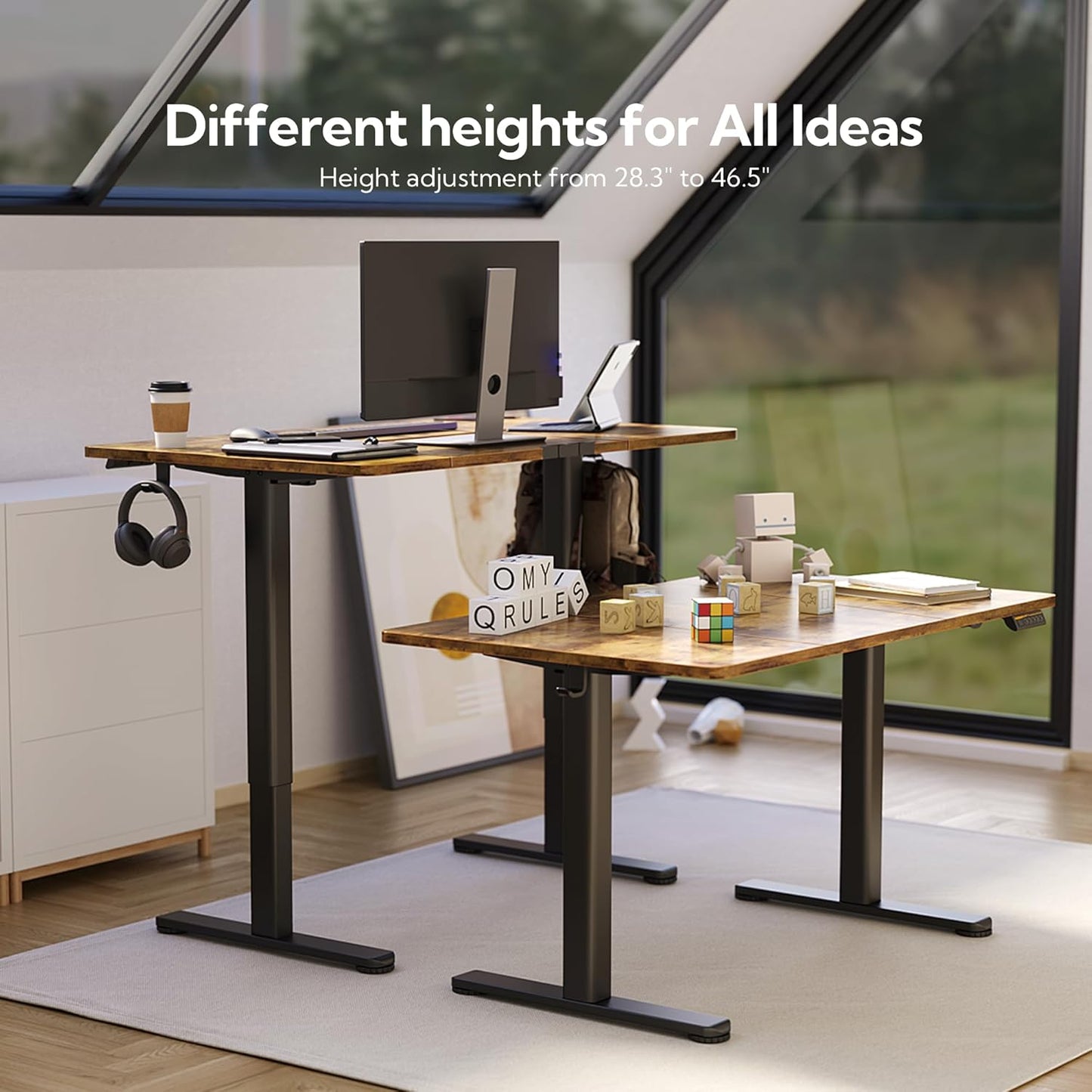 Claiks Electric Standing Desk, Adjustable Height Stand up Desk, 63x24 Inches Sit Stand Home Office Desk with Splice Board, Black Frame/Rustic Brown Top