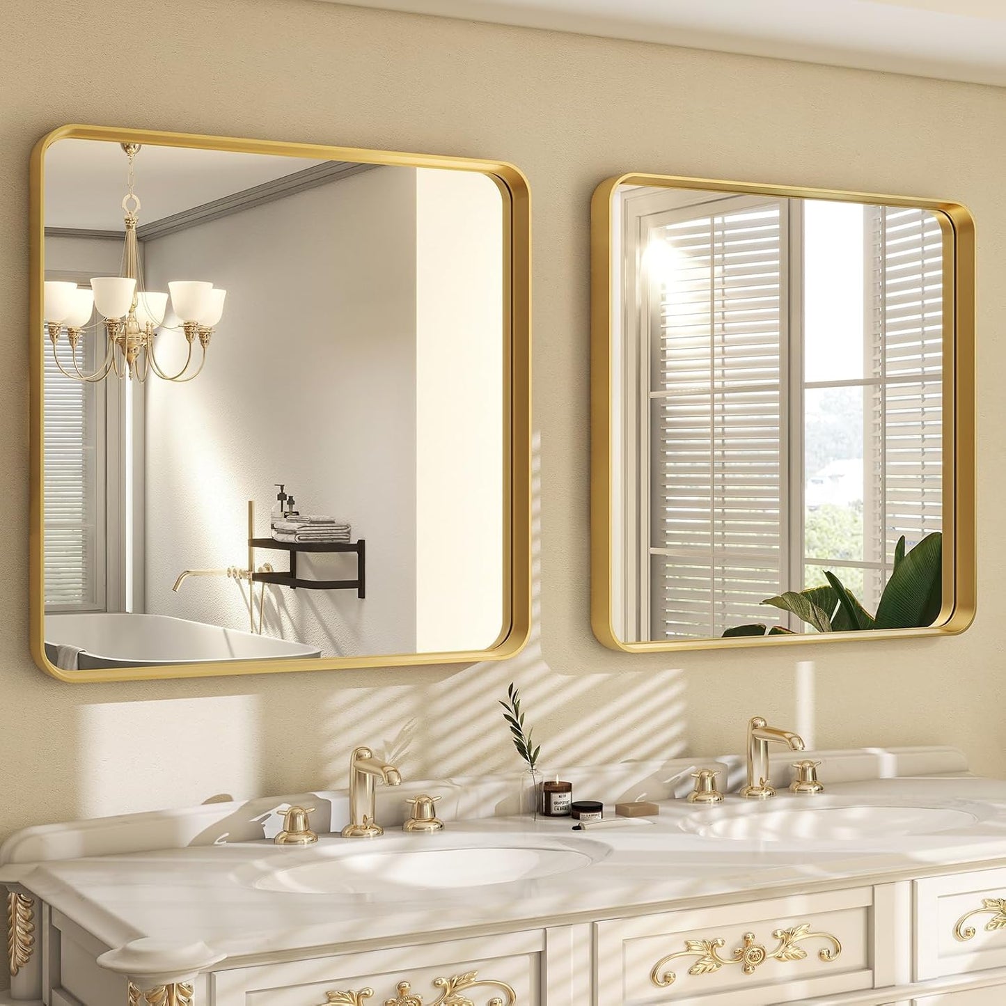 30"x 30" Gold Bathroom Mirror - Aluminum Framed Wall Mirror, Bathroom Wall Mounted Vanity Mirror, Modern Bathroom Mirror, Bedroom, Living Room Wall Mirror, Hang Horizontally or Vertically