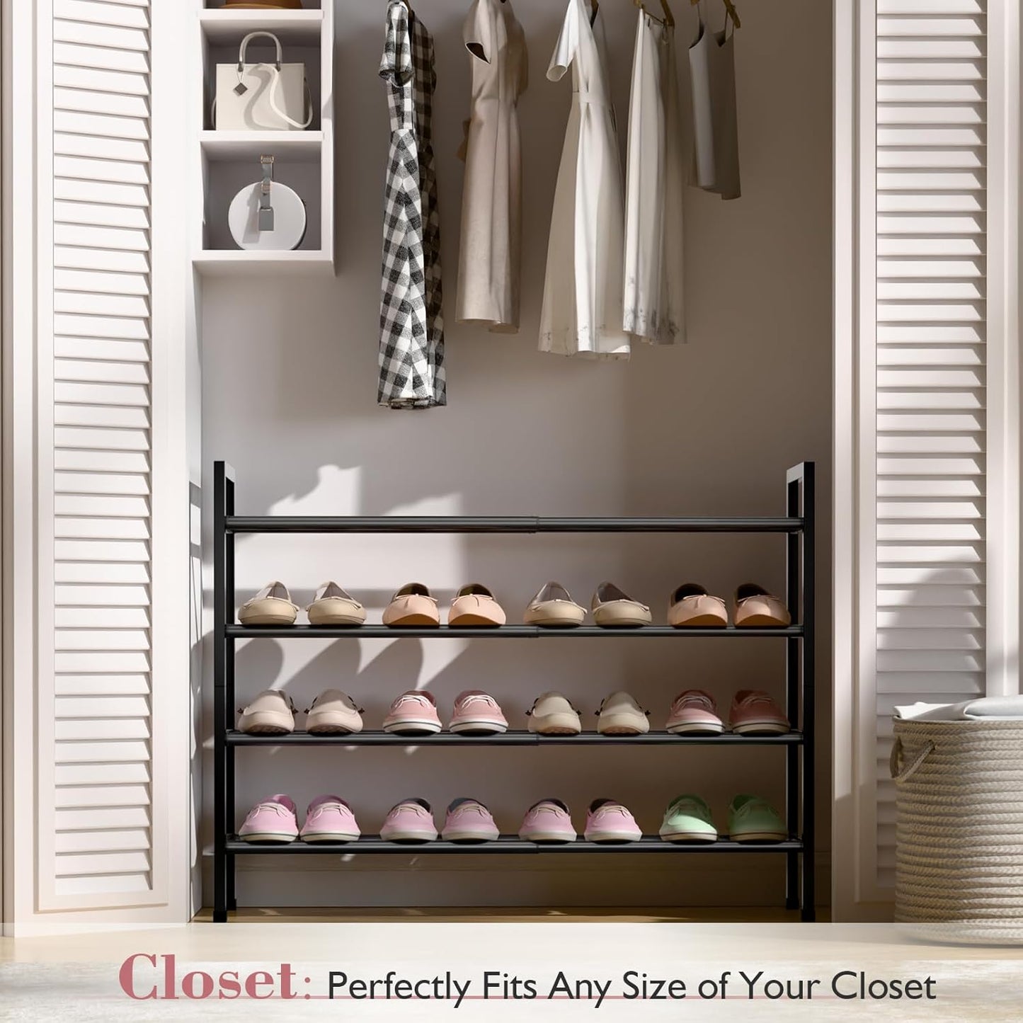 Bumusty 4-Tier Expandable Shoe Rack for Closet, 18“-33” Adjustable Shoe Rack for Small Space, Small Shoe Organizer for Front Door, Sturdy Metal, Dark Black