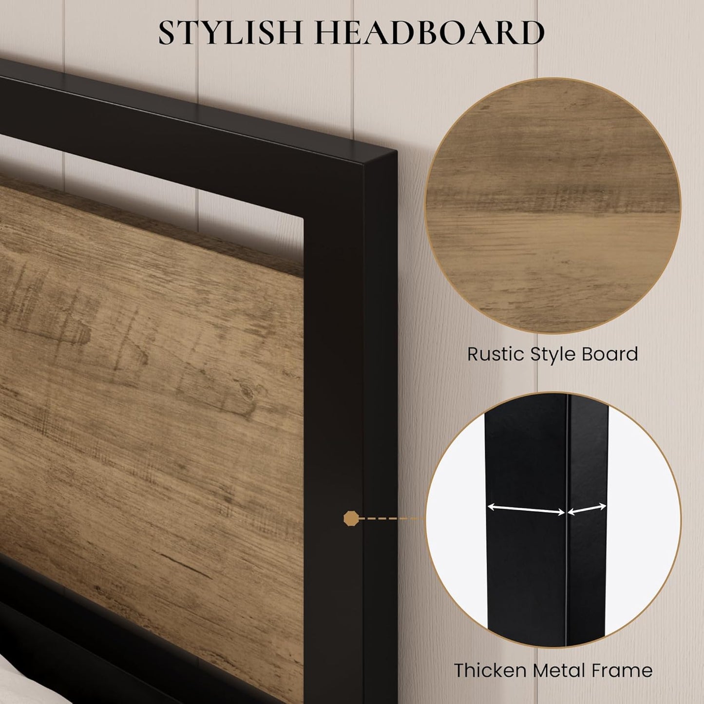 SHA CERLIN Queen Size Bed Frame with Modern Headboard, Heavy Duty Platform Metal Base with Square Footboard and 13 Strong Slats Support, No Box Spring Needed, Brown