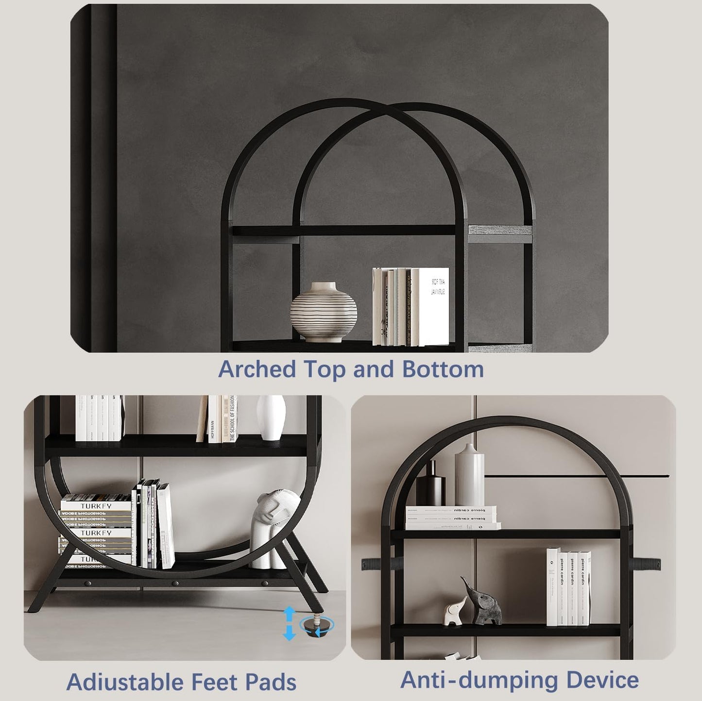 Bookshelf Arched Bookcase Set 2, 5 Tier Open Freestanding Display Shelf for Home Office, Living Room, Black