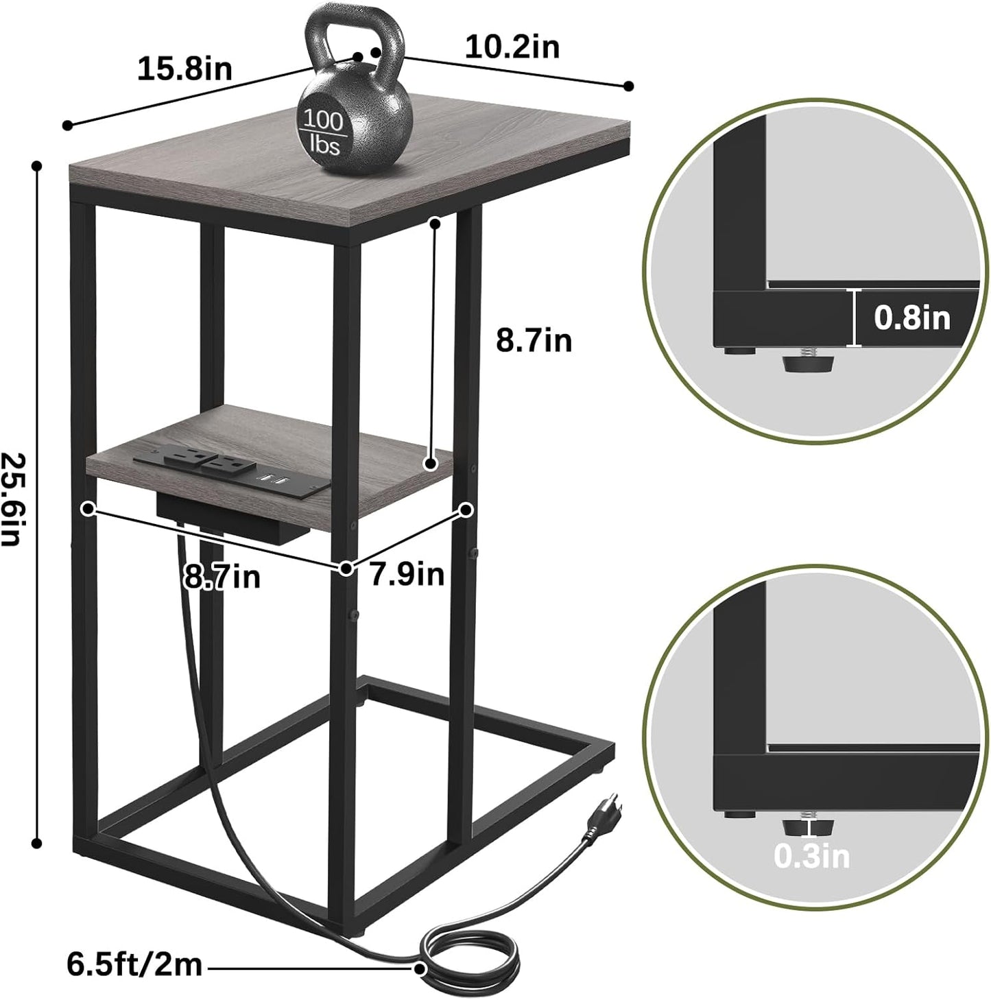 Yoobure LED C Shaped End Table with Charging Station, Small Side Tables for Living Room Bedroom, TV Tray Table with USB Ports and Outlets for Small Spaces, C Table for Couch Sofa, Bed Side Table