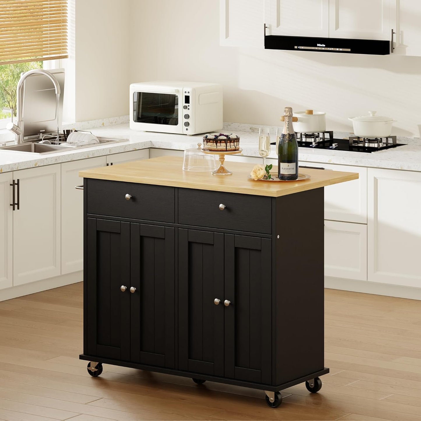Shintenchi Kitchen Island with Drop Leaf, Rolling Kitchen Cart with Storage on Wheels, Table Bar Cart for Kitchen with Towel Rack & Seating Area for Dining Room, Black