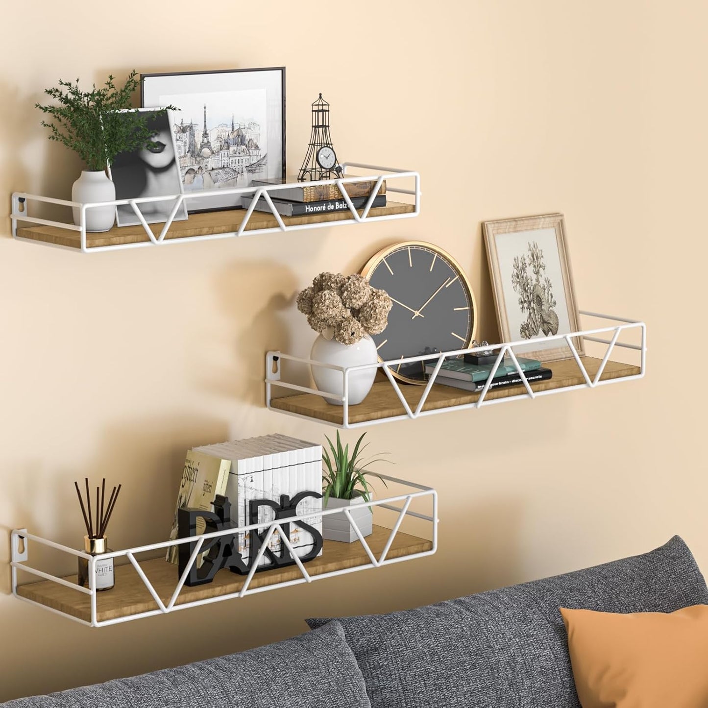 Floating Shelves Set of 3, Home Wood Wall Shelf, Farmhouse Shelf for Bedroom, Wall Mounted Floating Shelf for Living Room, Bedroom, Bathroom, Kitchen, Office (White)
