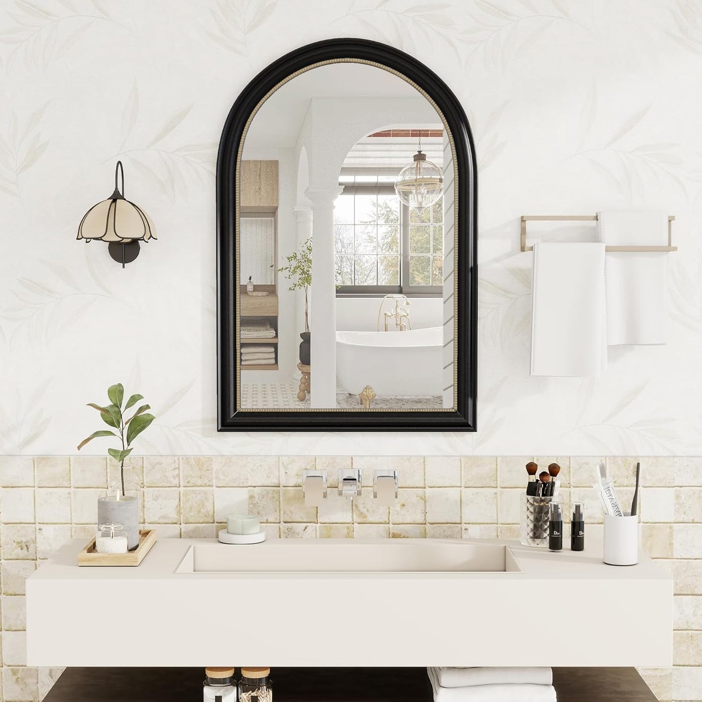 Axeman 22x30 Arched Wall Mirror, Decorative Bathroom Mirror, Traditional Vintage Wall Mounted Mirror with Beaded Frame for Accent Living Room Vanity Bedroom Entryway, Black