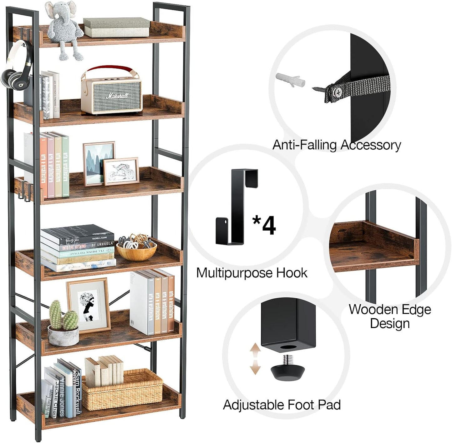 Rolanstar Bookshelf 6 Tier with 4 Hooks, Industrial Bookcase, Vintage Storage Rack with Open Shelves, Rustic Standing Bookshelves Metal Frame Display Rack for Living Room, Bedroom, Rustic Brown