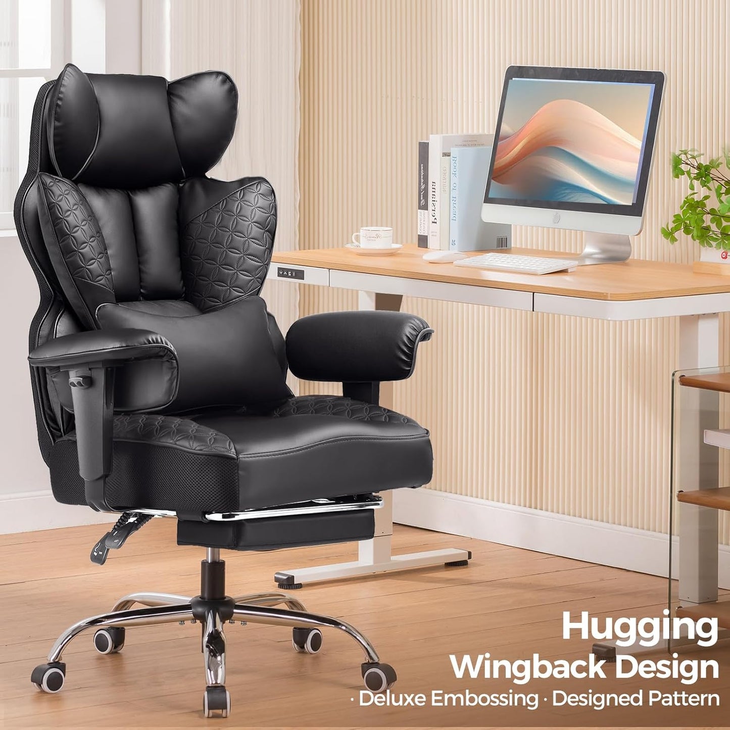 COMHOMA Big and Tall Office Chair 400LBS Wide Ergonomic Gaming Chair with Deluxe Embossing Leather with Foot Rest 150°Reclining Adjustable Armrests Pocket Spring Back Support and Without Pillow