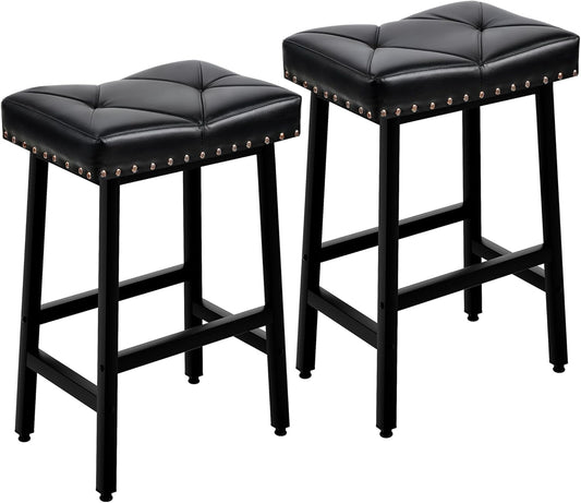 VECELO 25 inch Counter Height Stools for Kitchen Island, 3.3'' Thick PU Upholstered Saddle Seats, Backless Bar Chairs with Metal Base, Black