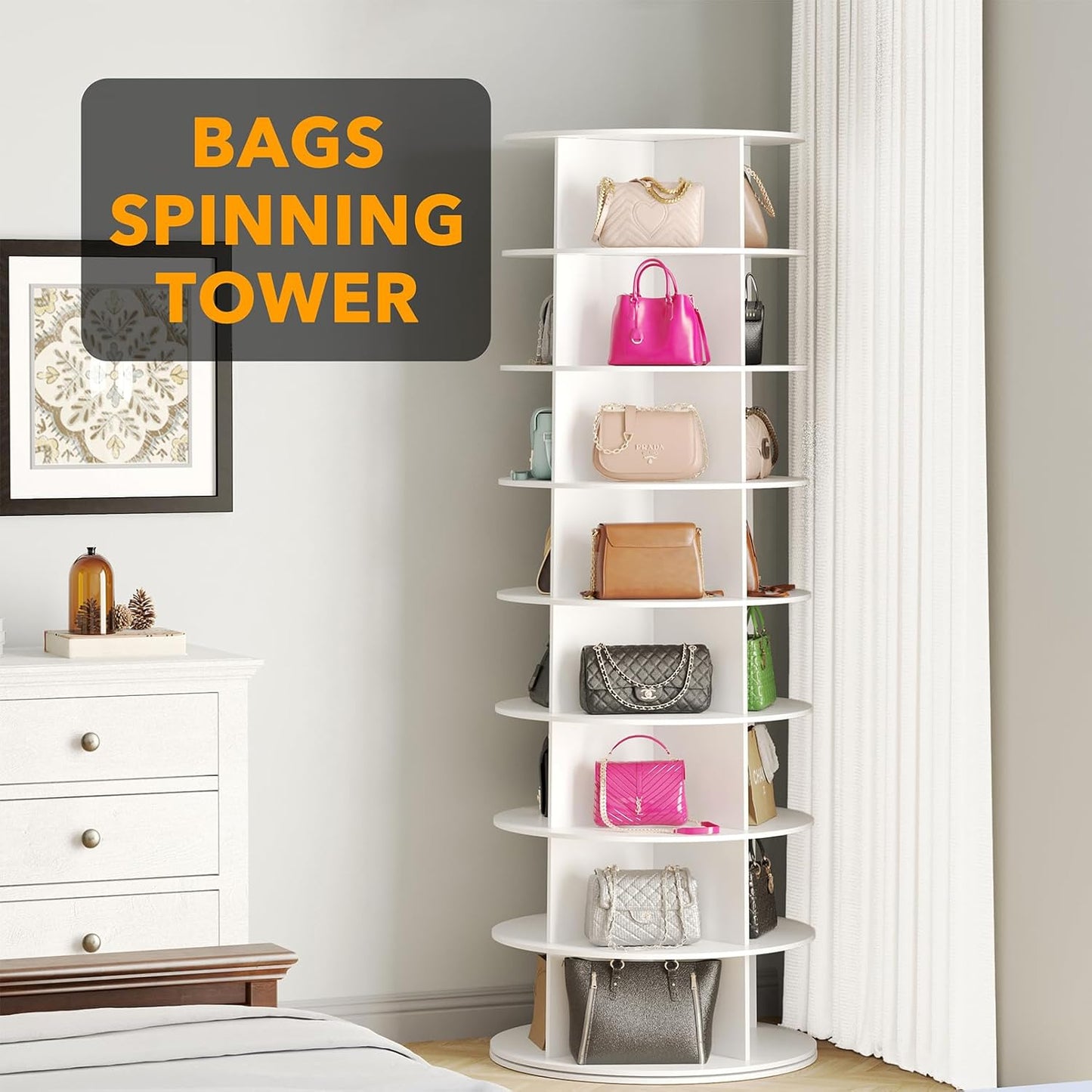 SpaceAid 8 Tier Rotating Shoe Rack Tower, Spinning Shoe Display Lazy Susan, Revolving 360 Shoe Rack Storage Round Carousel, Vertical Handbag Rotate Shoes Closet Organization (8-Tier White)
