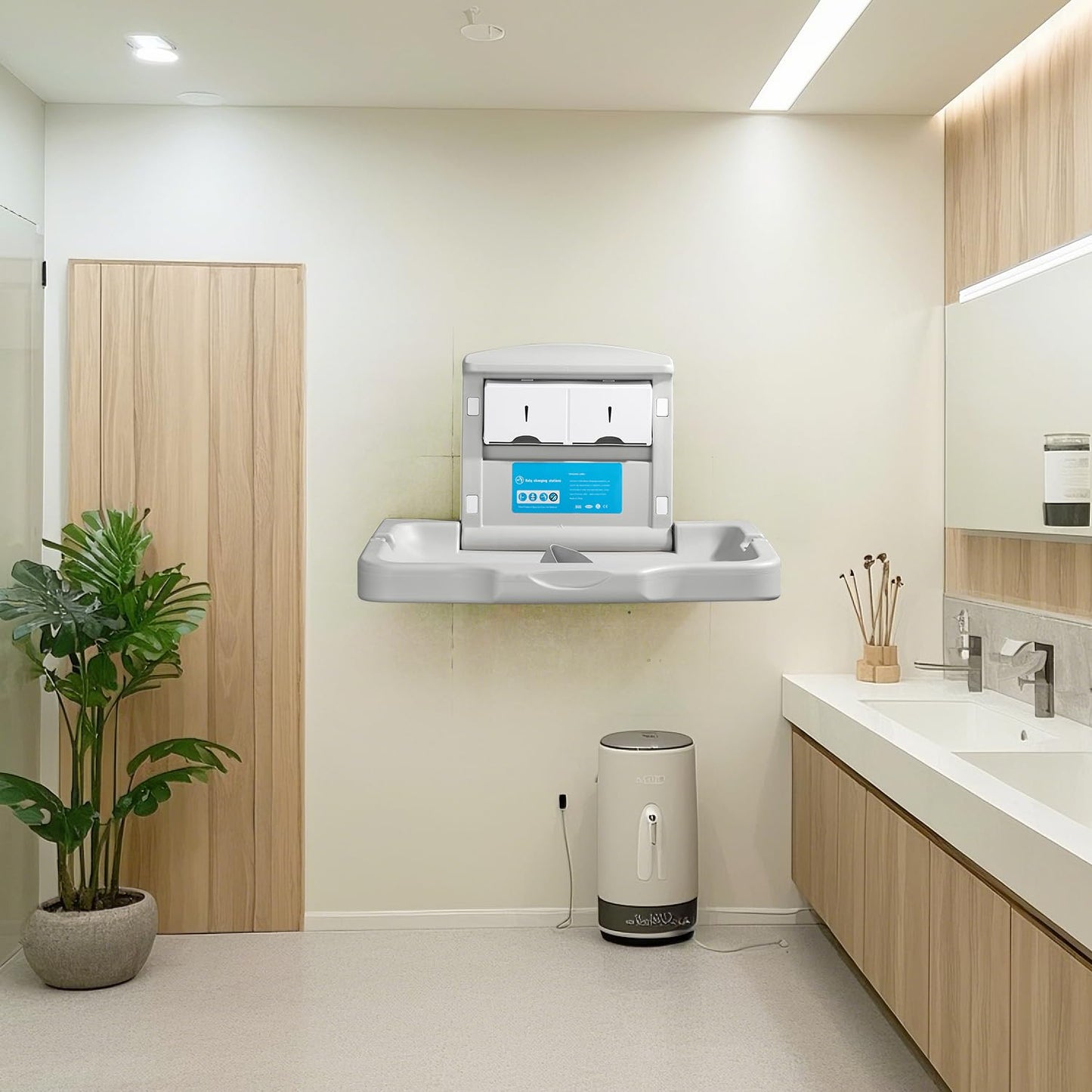 Fold-Down Baby Changing Diaper Station - Horizontal Wall Mounted, Sturdy & Durable with Safety Straps for Commercial Bathrooms(1 White Granite)