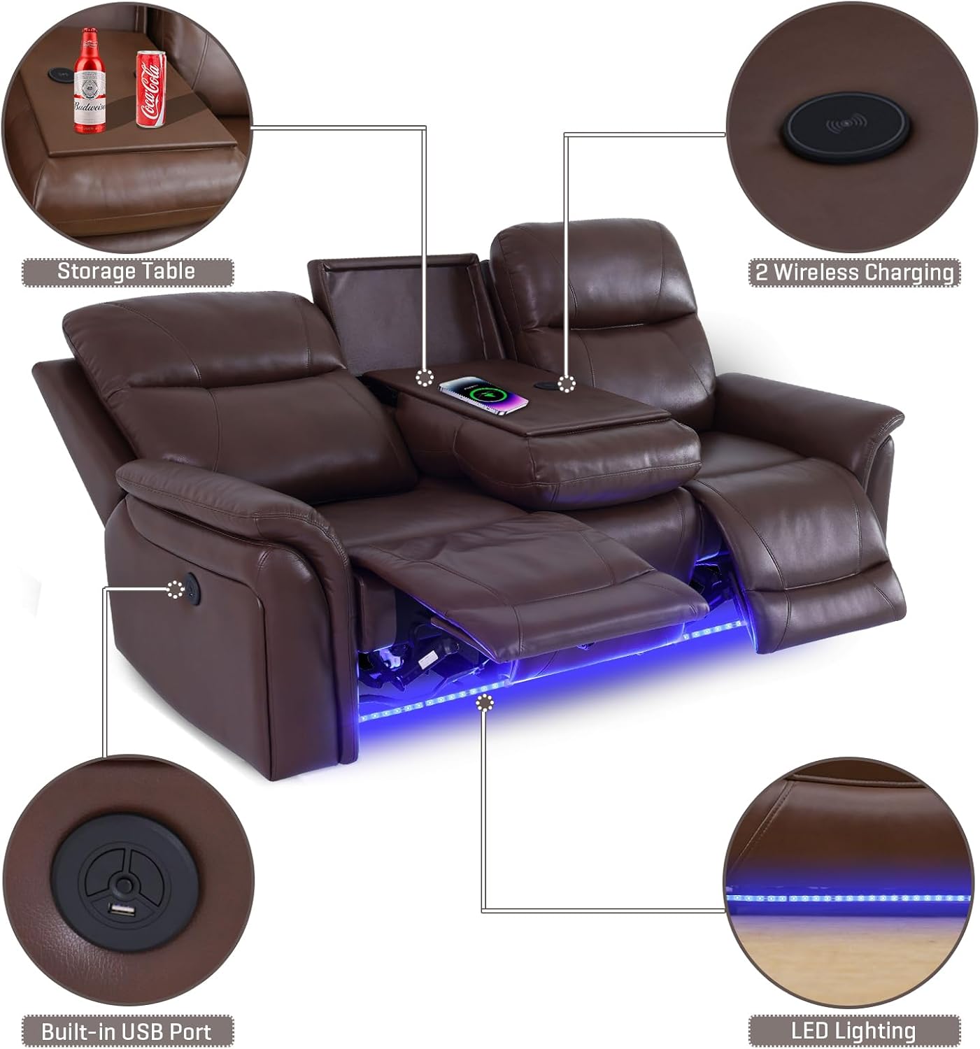PU Leather Power Wall Hugger Chair Double Reclining Sectional Sofa 3-Seater Loveseat Couch with Reversible Coffee Table, Wireless Chargers, USB Port and Ambient LED Light for Living Room RV Theater