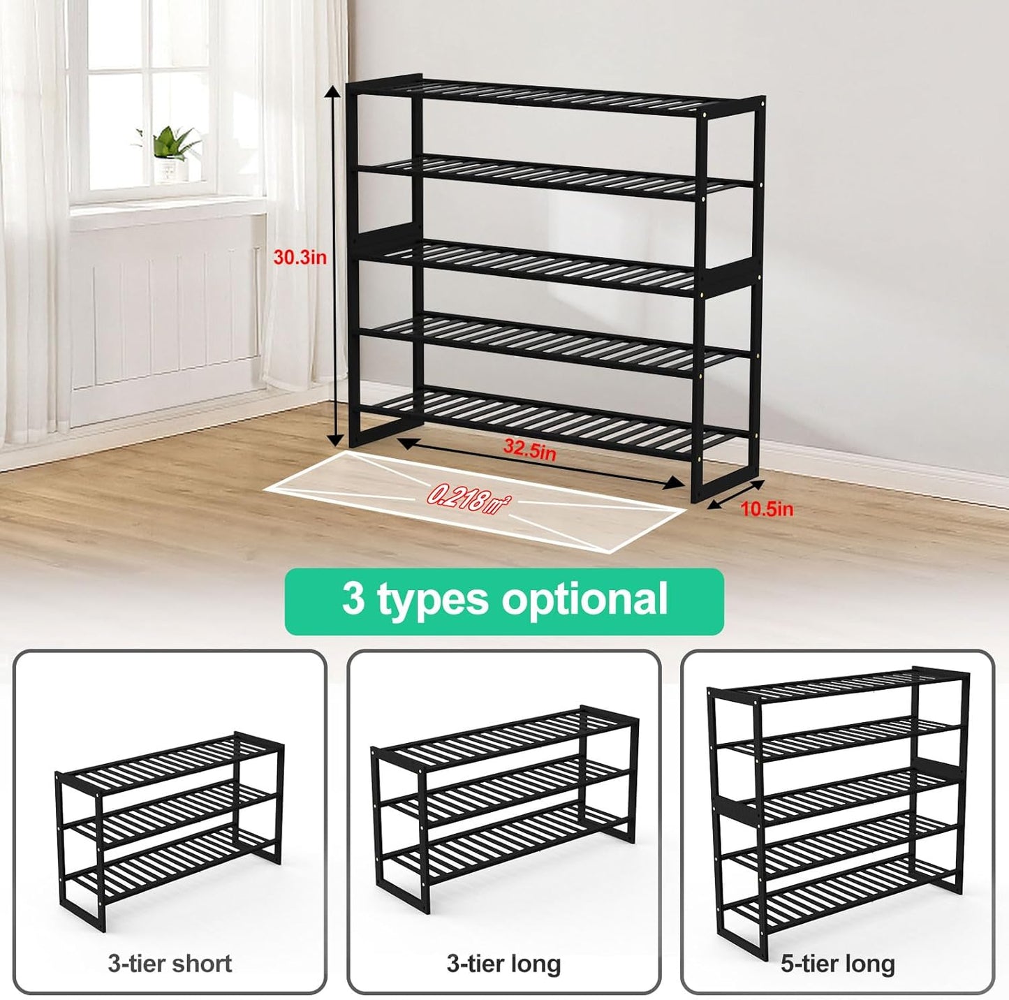 Shoe Rack Bamboo 5 Tier Shoe Organizer, Storage 20-25 Pairs for Closet Entryway, Stackable Large Tall Shoe Shelf Holder Stand Cubby for Door Hallway Bedroom Garage