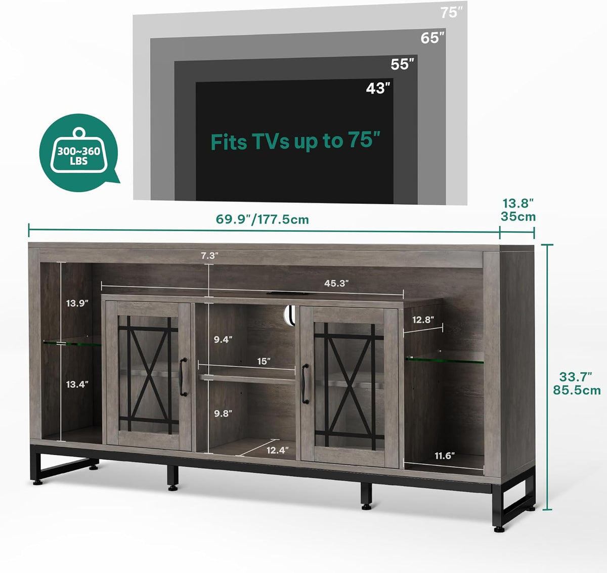 YITAHOME 33.5'' Tall TV Stand for 75 inch TV, LED Entertainment Center with Storage, Grey TV Stands for Living Room with Acrylic Doors & Power Outlets, Tall TV Console Cabinet, Grey