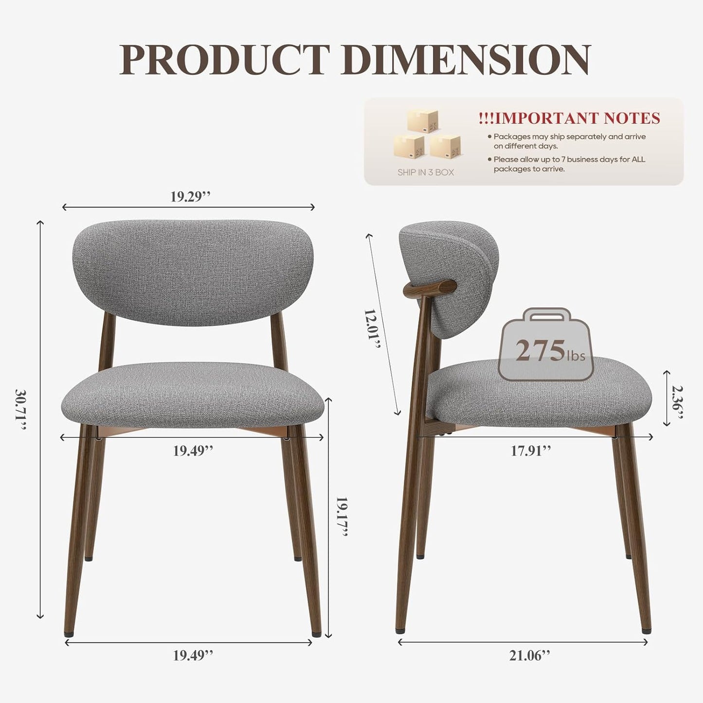 Dining Chairs Set of 6, Ergonomic Fabric Upholstered Seating with Wood Look Metal Legs and Anti Slip Pads, for Home and Restaurant Use, Light Grey