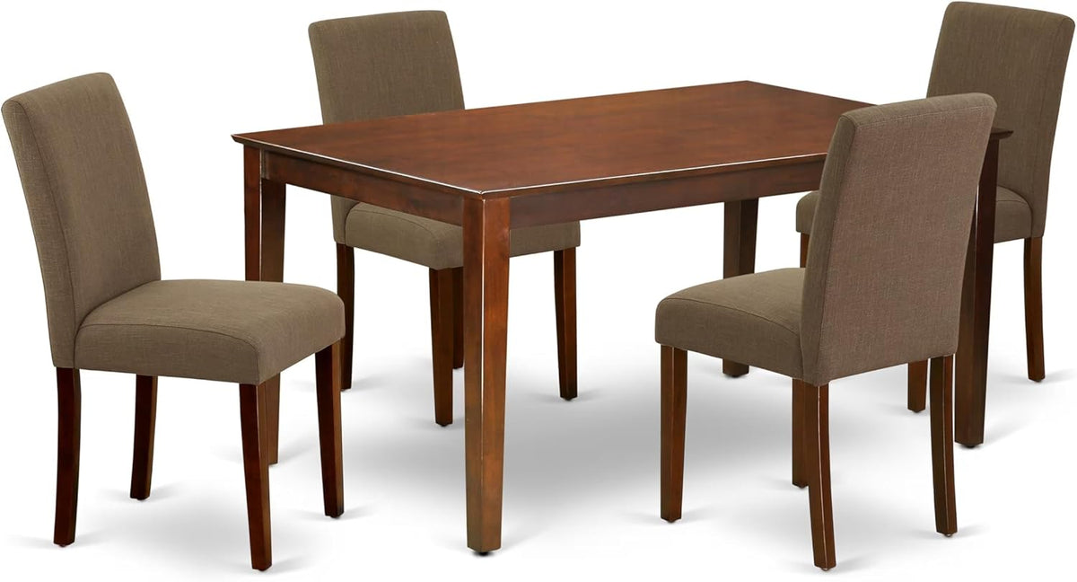East West Furniture CAAB5-MAH-18 5 Piece Modern Dining Table Set Includes a Rectangle Wooden Table and 4 Coffee Linen Fabric Upholstered Parson Chairs, 36x60 Inch, Mahogany