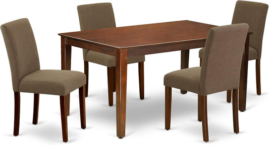 East West Furniture CAAB5-MAH-18 5 Piece Modern Dining Table Set Includes a Rectangle Wooden Table and 4 Coffee Linen Fabric Upholstered Parson Chairs, 36x60 Inch, Mahogany