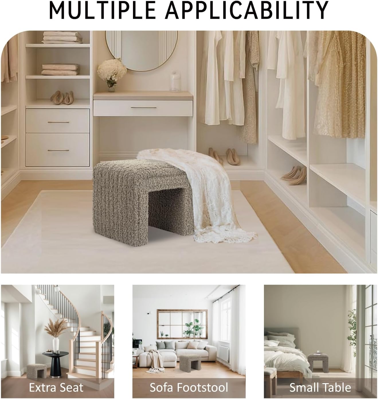 Get Set Style Vanity Stool Chair,Modern Wool Ottoman Foot Stool with Wooden Legs for Sofa Ottoman Bench Footstool Extra Seat for Vanity,Makeup Room,Living Room,Entryway(Fully Assembled)