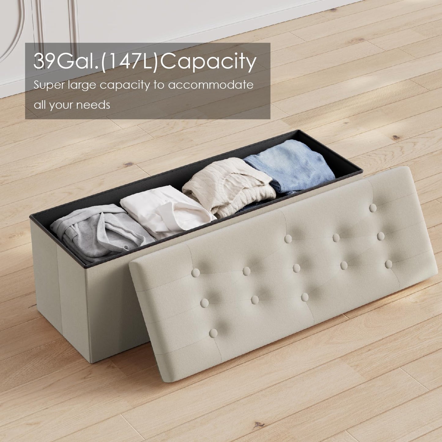 PRANDOM Jumbo Ottoman with Storage [1-Pack] Velvet Folding Small Square Foot Stool with Lid for Living Room Bedroom Coffee Table Dorm Beige 43x15x15 inches