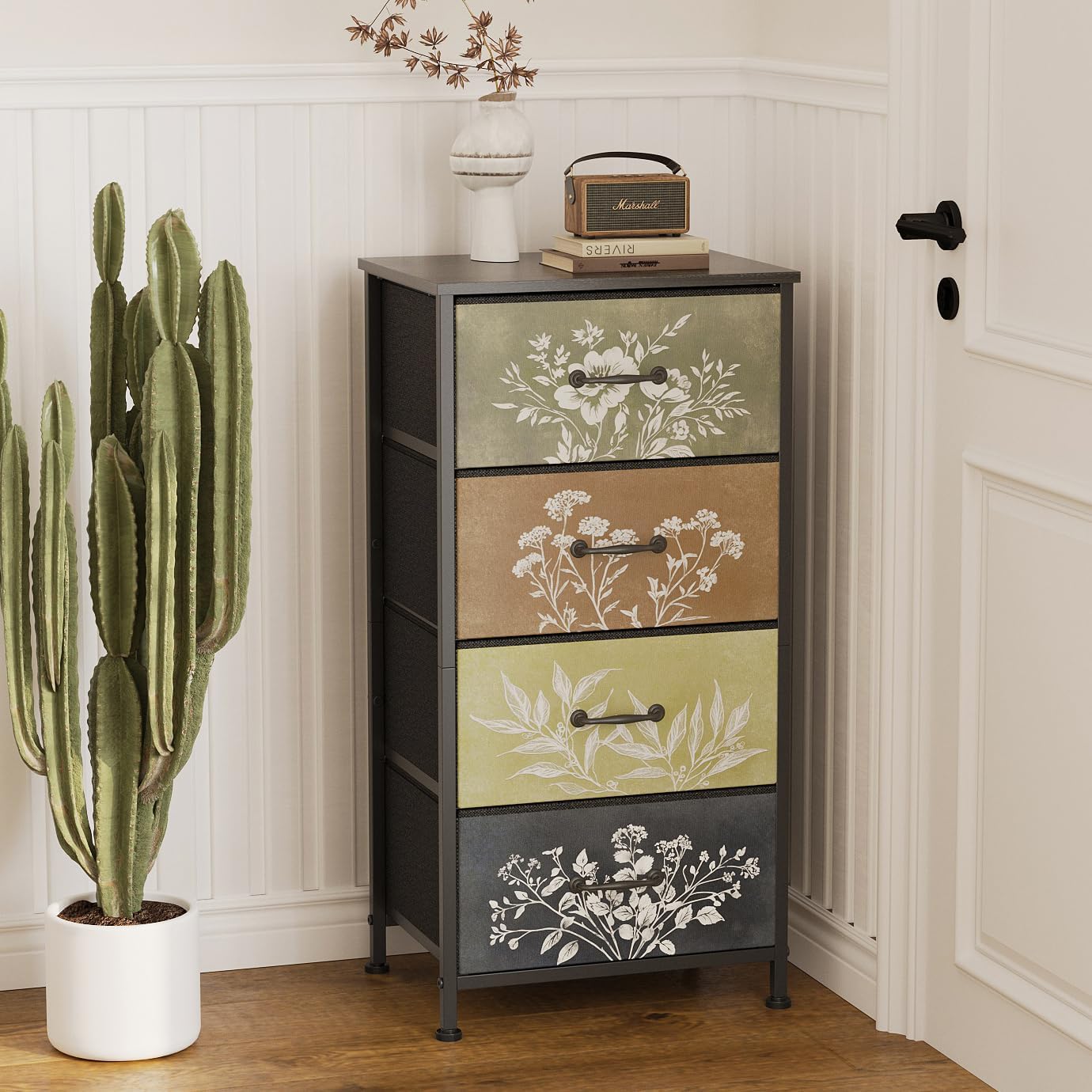Tohomeor Vintage Dresser Vertical Nightstand with Neutral Botanical Plant Fabric Chest Drawers for Closet Bathroom Storage Tower Unit Bed Side Organizer Farmhouse Rustic (Multi, 4 Drawers)