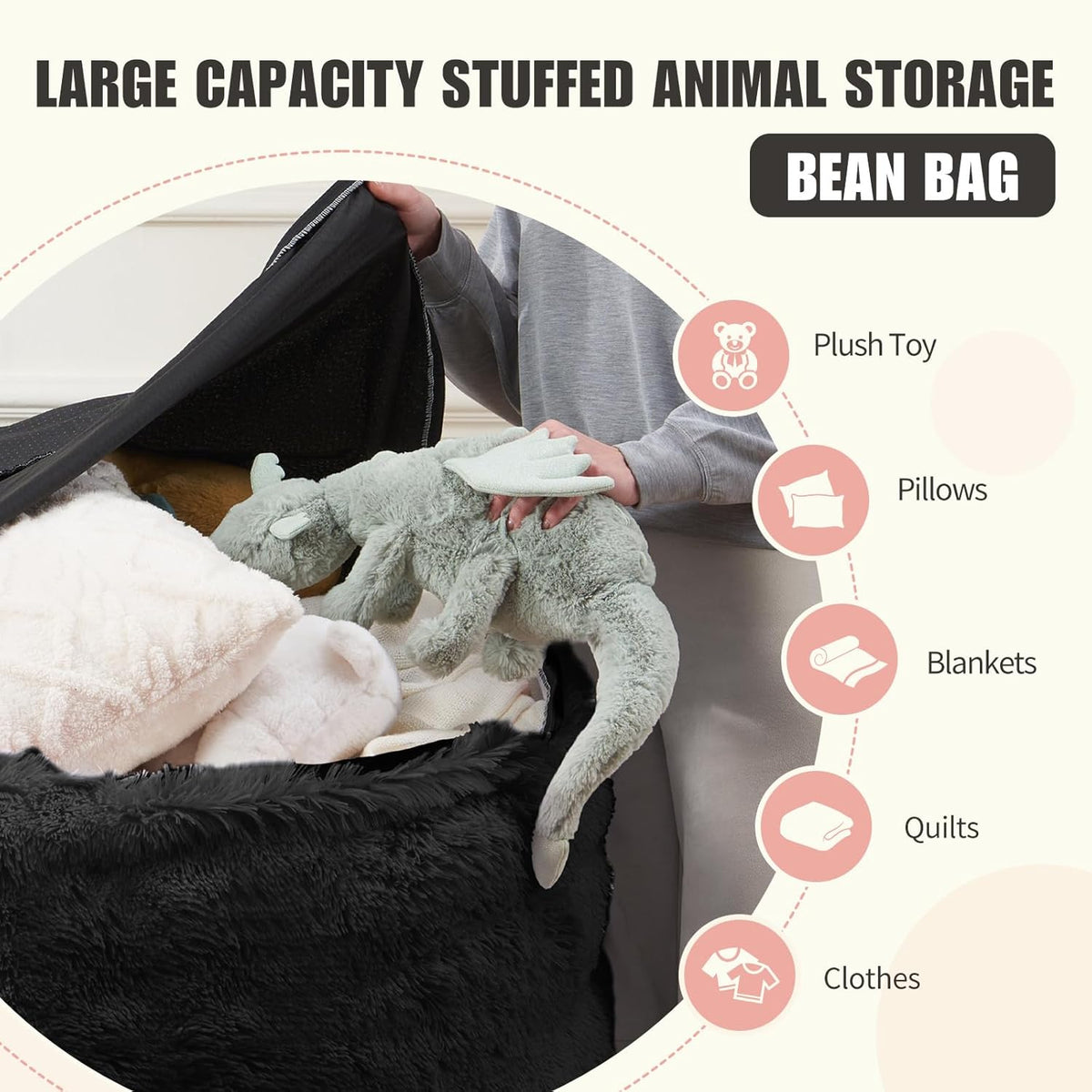 Bean Bag Cover (No Filler), Faux Fur Comfy Bean Bag Covers for Adults, Washable Beanbag Chair Cover, Fluffy Plush Giant Bean Bags Chairs Covers for Teens Kids Girls, Anti-Slip, 5FT, Black