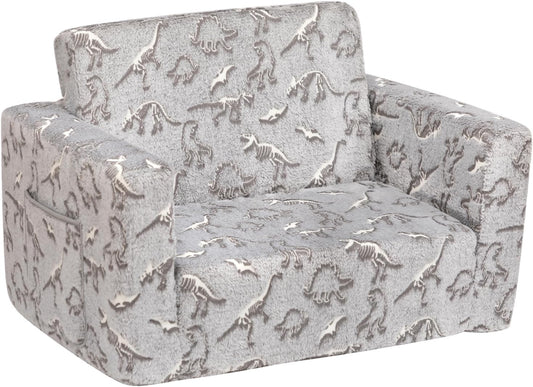 ALIMORDEN 2-in-1 Flip Out Cuddly Sherpa Toddler Couch, Convertible Sofa to Lounger, Glow in The Dark,Dinosaurs
