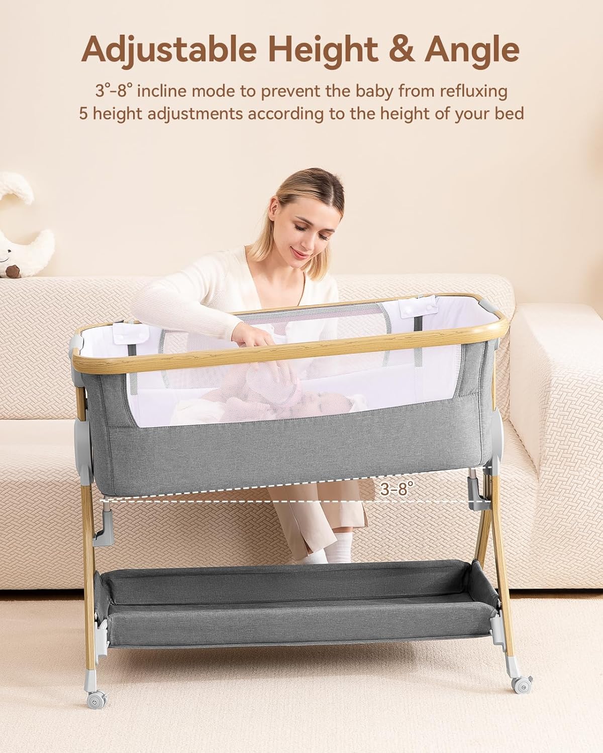 Larex Baby Bassinet Bedside Sleeper for Baby, Baby Crib Bed for Newborn Infant, Bedside Bassinet with Wheels, 5 Adjustable Height, Mosquito Net, Breathable Mattress and Mesh, Storage Basket and Bag
