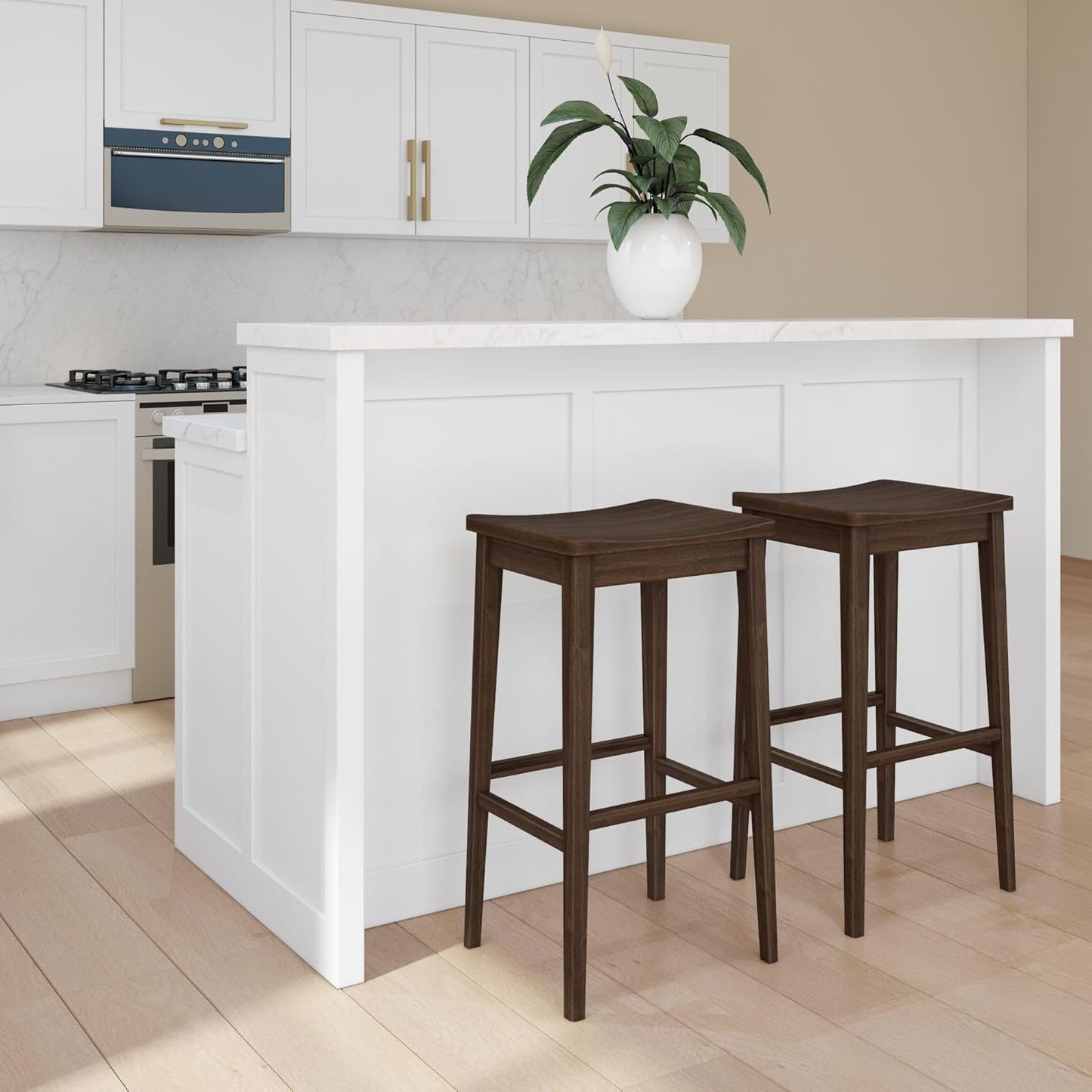 Plank+Beam Smythe Bar Stool, 30", Set of 4, Sturdy Wood Modern Kitchen Bar Height Stool, Saddle Seat Backless Bar Chair, Metal Footrest, Walnut