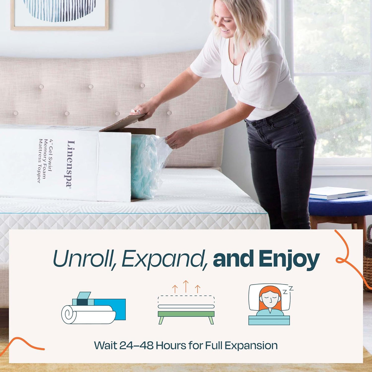 Linenspa 3 Inch Gel Swirl Memory Foam Mattress Topper – Cooling Gel Infused – Pressure Relieving Bed Topper - Mattress Pad – CertiPUR Certified - Full Size