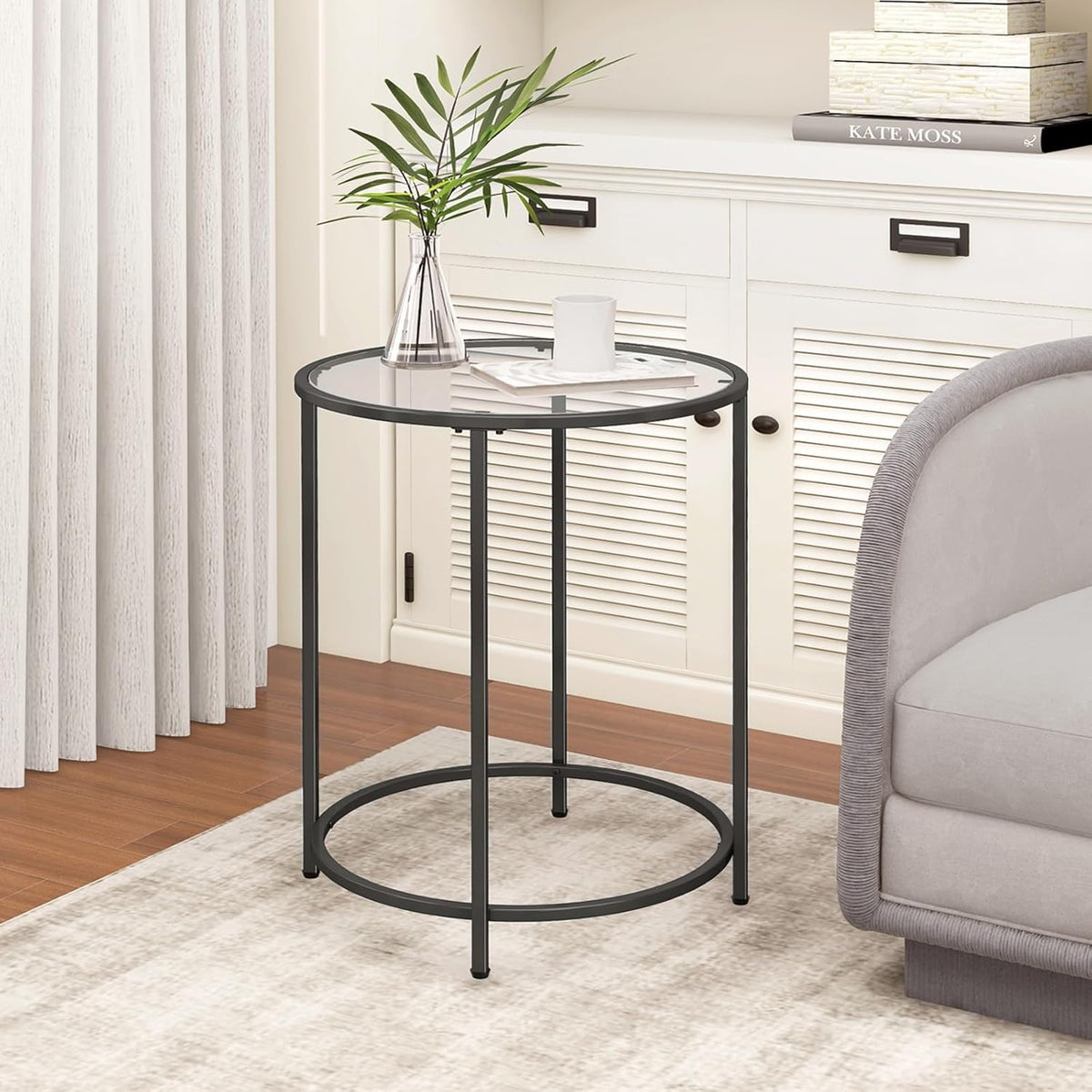 19.7’’ Round Glass End Table, Round Bedside Table with Tempered Glass Top, Black Glass Side Table with Metal Frame, Modern Round End Table for Living Room Balcony Bedroom Porch Patio