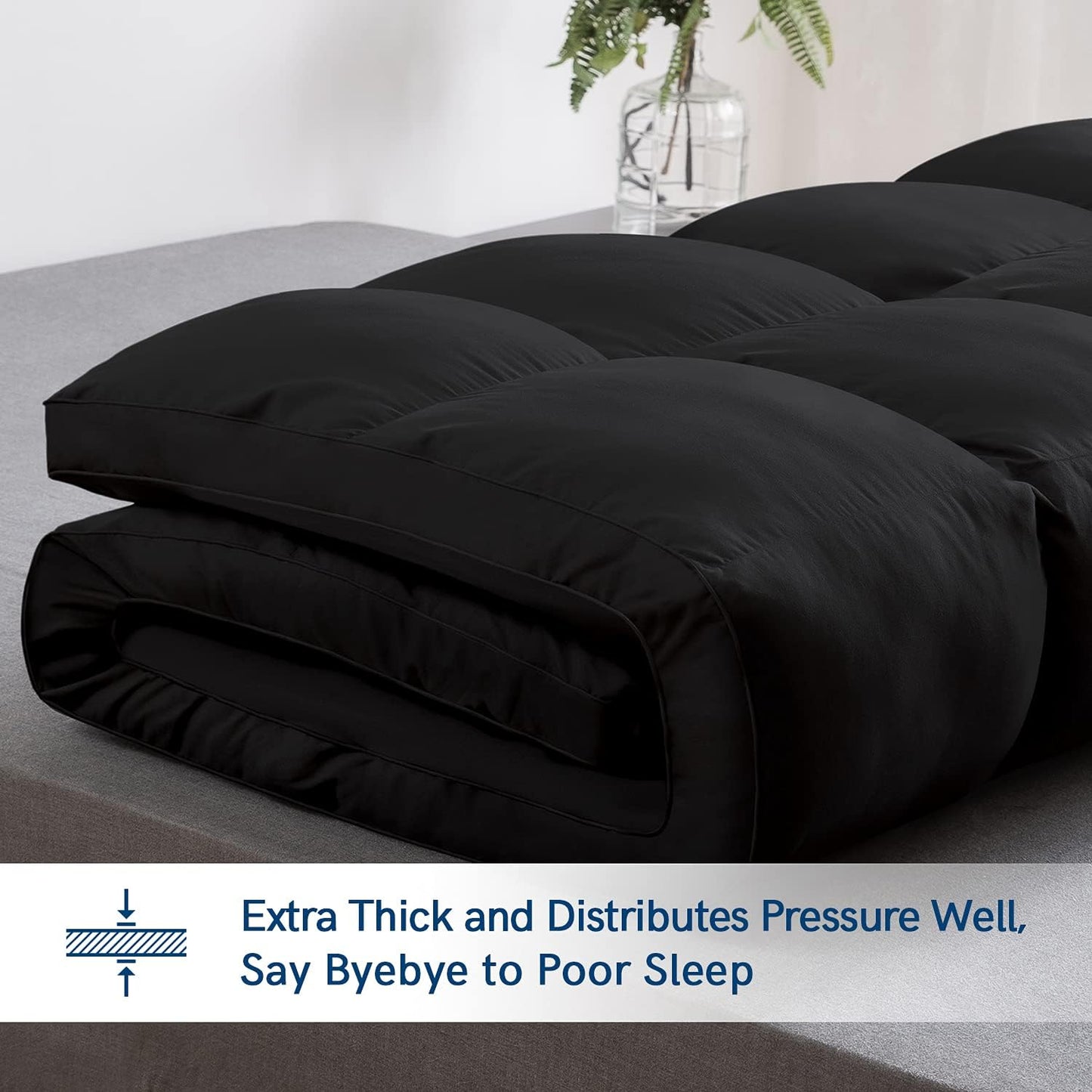 ELEMUSE RV Short Queen Black Mattress Topper for Back Pain, Extra Thick Mattress Pad Cover, Plush Soft Pillowtop with Elastic Deep Pocket, Overfilled Down Alternative Filling