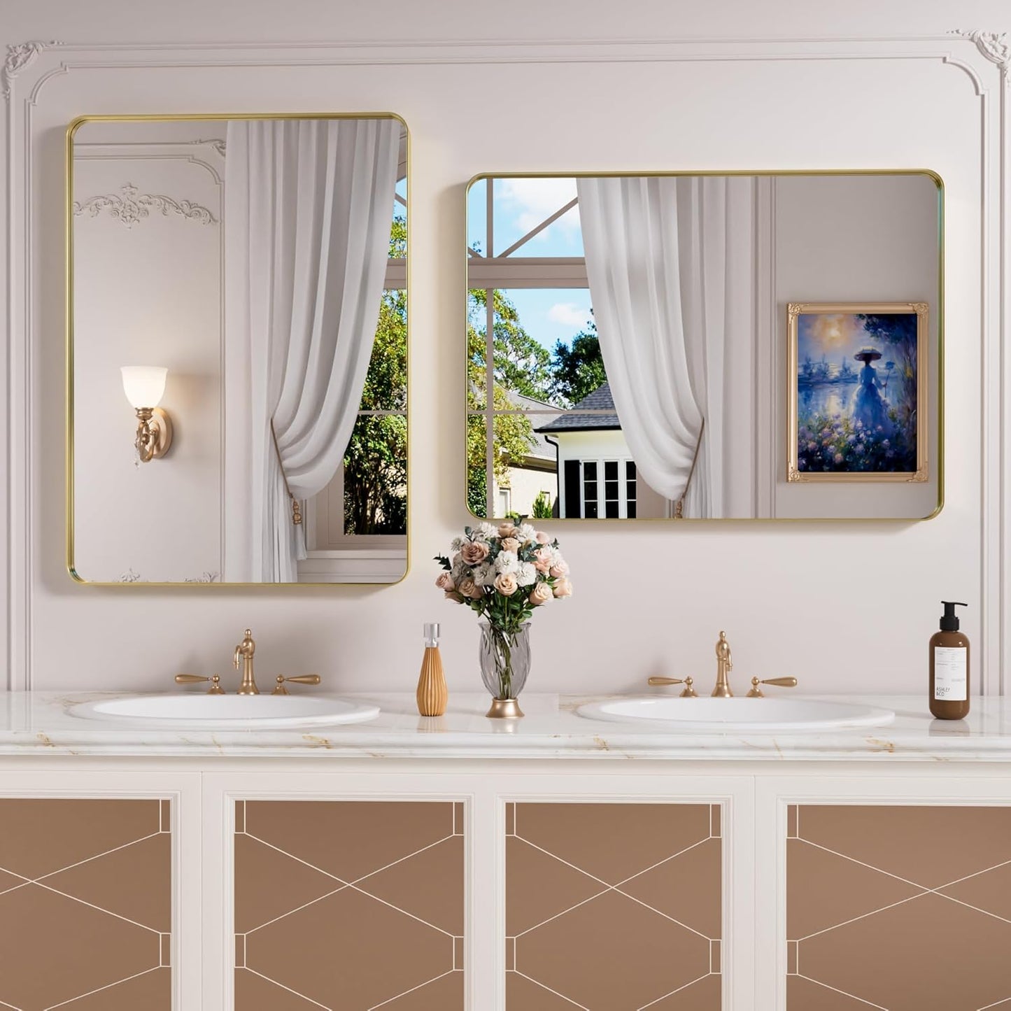 Gold Bathroom Mirror, 24x36 Inch Brushed Gold Metal Frame Mirror for Wall, Rounded Rectangle Bathroom Vanity Mirror, Tempered Glass, Anti-Rust, Horizontal/Vertical