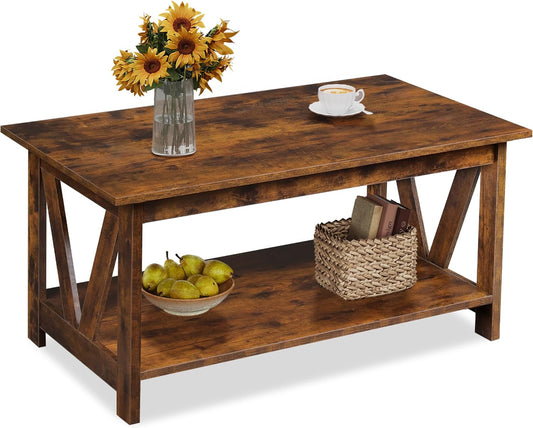 WLIVE Coffee Table with Storage Shelf, 39.4" Farmhouse Coffee Table with V-Frame Support, 2-Tier Wood Rustic Center Table for Living Room, Bedroom & Balcony, Rustic Brown