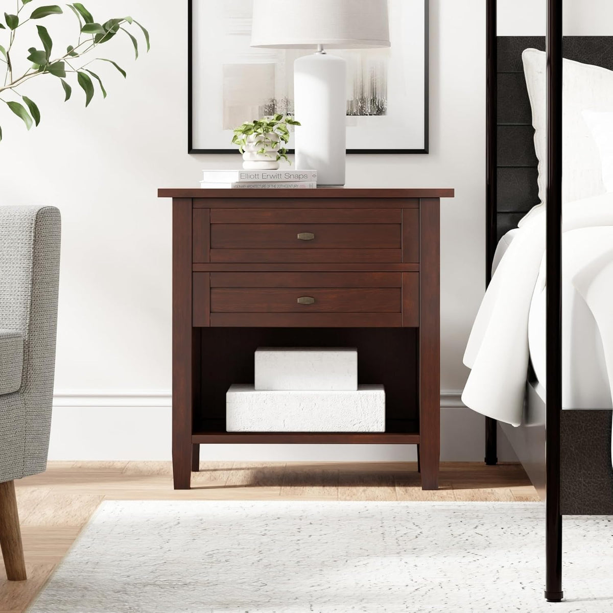 SIMPLIHOME Warm Shaker SOLID WOOD 24 Inch Wide Transitional Bedside Nightstand Table in Russet Brown, For the Living Room and Bedroom