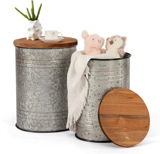 Poofzy Farmhouse End Tables Set of 2, Galvanized Metal Decor Side Table with Wood Lid, Coffee Table Storage Stool for Living Room (Grey)