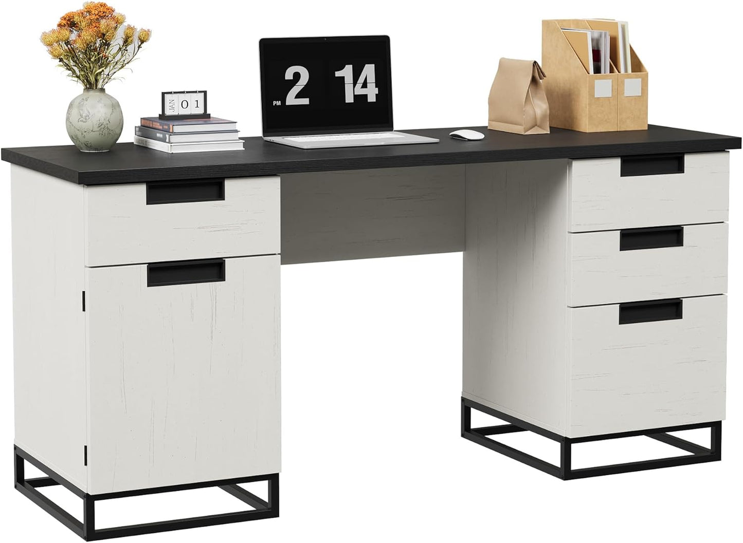 Garvee 59" Farmhouse Executive Desk, Home Office Desk with File Drawer and Storage Cabinet, Wooden Computer Table with 3 Drawers for Work and Study (Black)