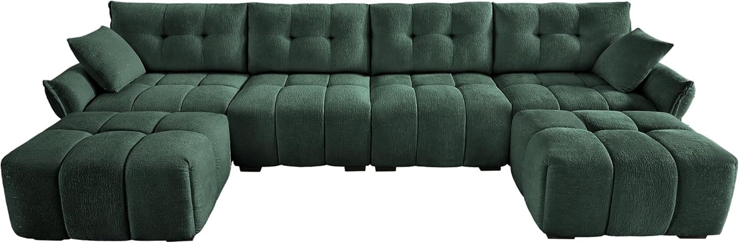 Modern Chenille Fabric 4-Seat Sofa w/Two Ottoman+2 Pillows, Premium Upholstery Living Room Couch with Tufted Backrest & Comfortable Armrests and High-Resilience Memory Foam Cushions,Green