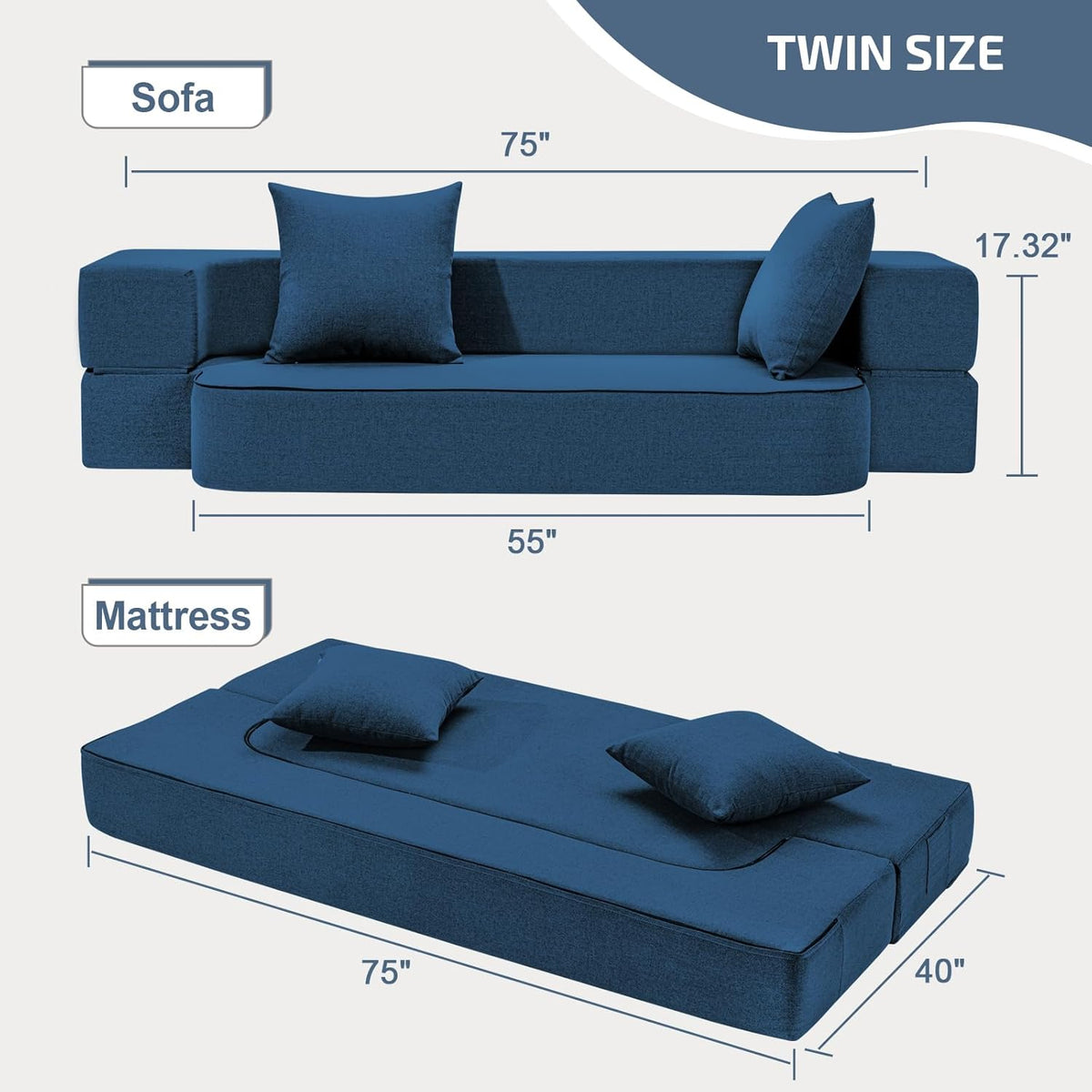 2-in-1 Folding Sofa Bed with Pillows - Folding Chair Floor Couch & Sleeping Mattress - Washable Cover & Memory Foam Sleeper Chair for Living Room/Guest Room/Apartment/Loft, Navy Blue, Twin