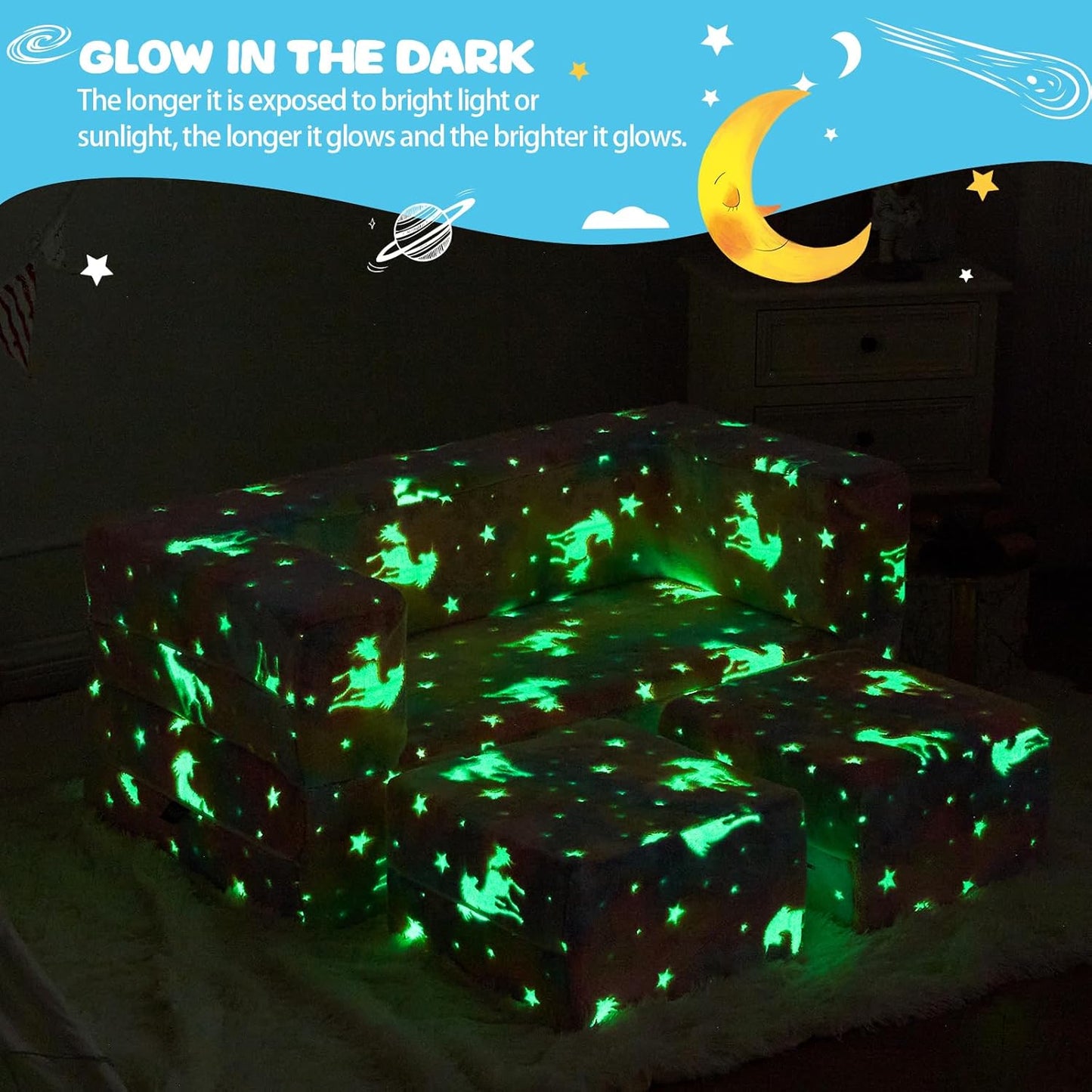 Modular Kids Couch, Glow in The Dark Sofa 3 in 1 Fold Out Kids Sofa with Washable and Durable Covers for Boys, Rainbow Unicorn