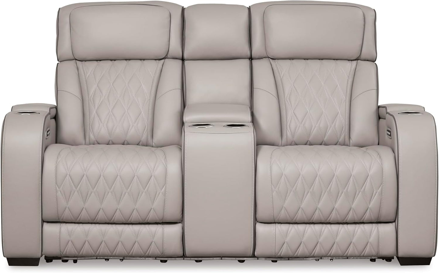 Signature Design by Ashley Boyington Contemporary Leather Match Power Reclining Loveseat with Console and USB Charging Ports, LED Lights and Adjustable Headrest, Light Gray