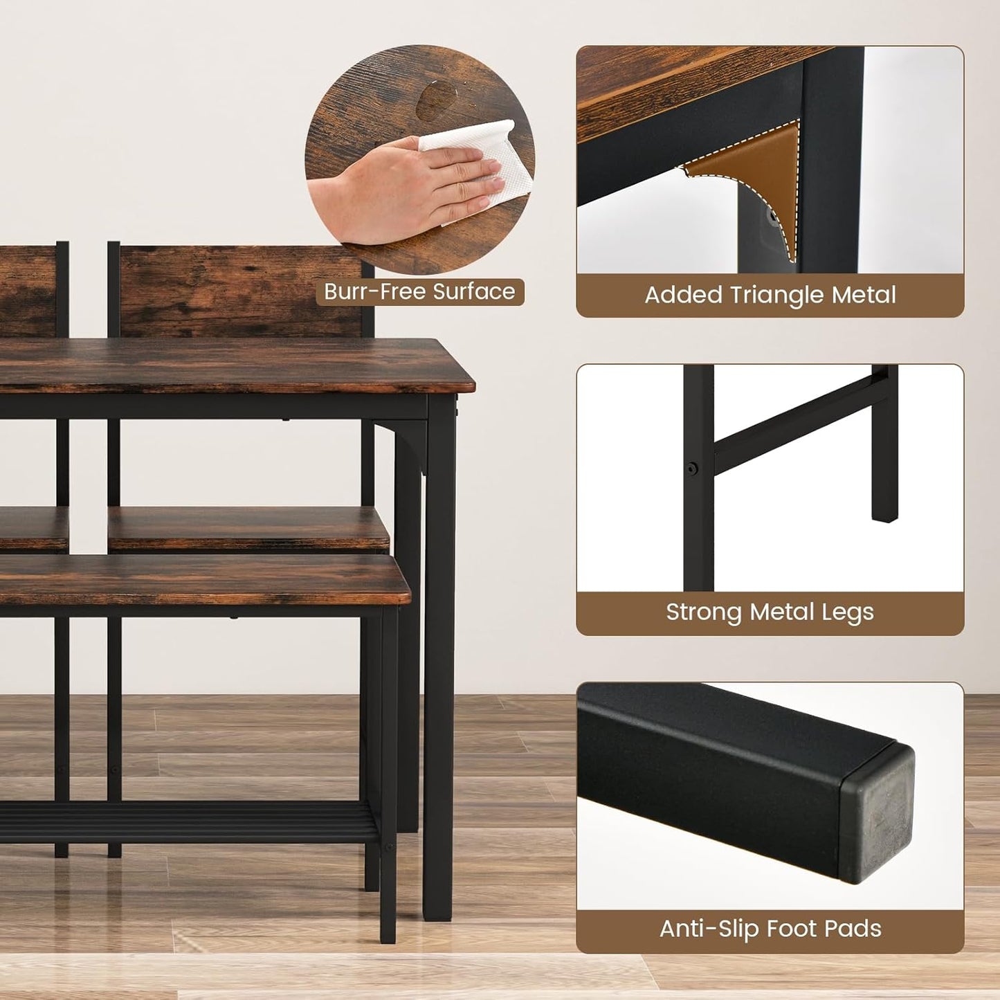 Tangkula Dining Table Set for 4, Kitchen Table and 2 Chairs for 4 with Bench, 4 Piece Dining Table Set for Small Space, Apartment