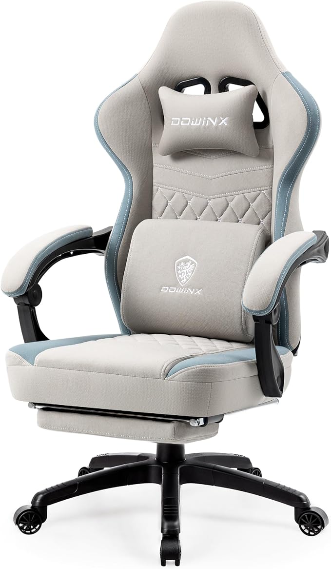 Dowinx Gaming Chair Breathable Fabric Game Chair with Gel Pad and Storage Bag, Comfortable Gamer Chair with Pocket Spring Cushion,Ergonomic Computer Chair with Footrest,Grey