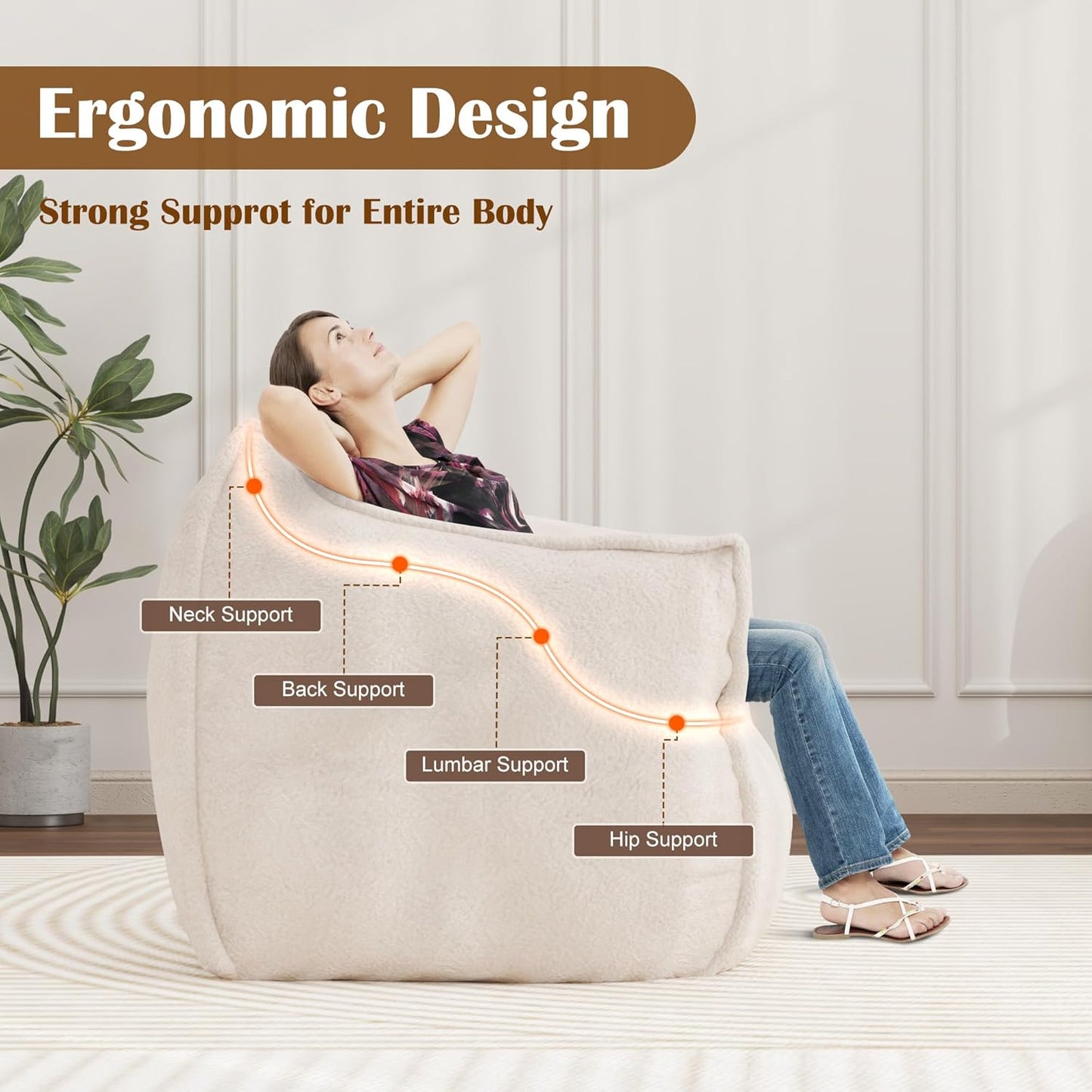 Giant Bean Bag Chair, Bean Bag Chair with Armrest for Adults, 45“W x 43.5" D Large Bean Bag Chair with Filler, Big Comfy Washable Sofa Chair for Living Room, Bedroom, Cream White