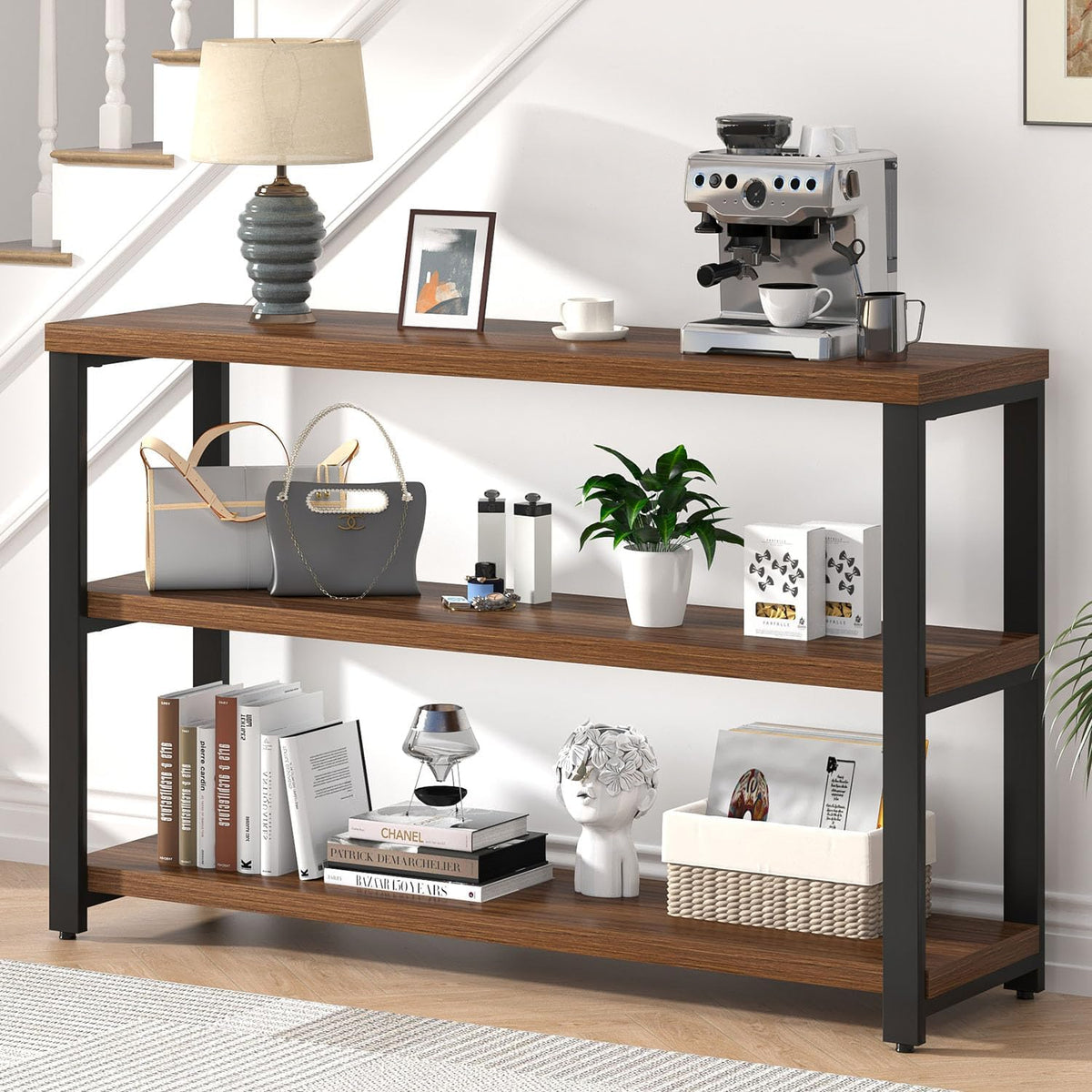 EXCEFUR 47" Entryway Table, Industrial Console Table for Living Room & Hallway, 3-Tier Storage Sofa Table Behind Couch, Walnut