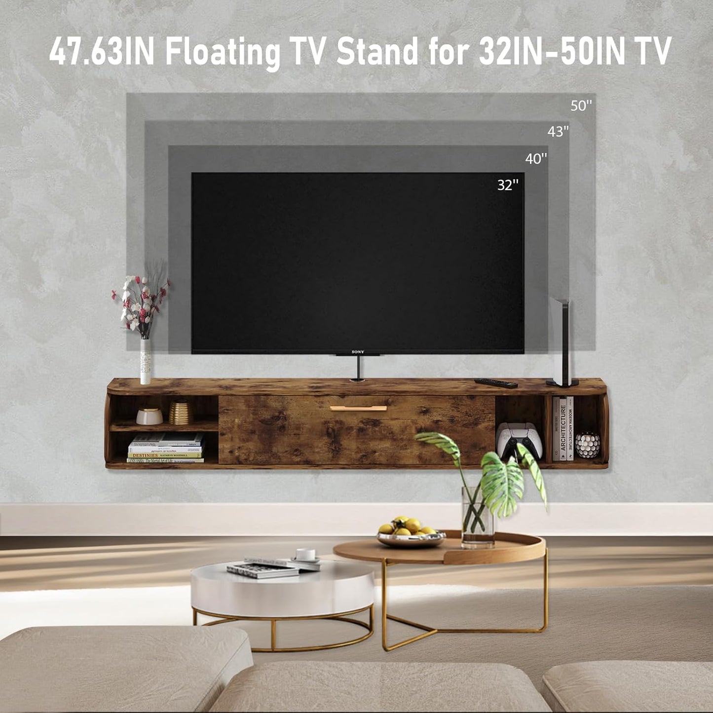 Floating TV Unit, 47'' Wall Mounted TV Cabinet, Floating Shelves with 4 Cabinets, Wooden Entertainment Media Console Center Large Storage TV Bench for Living Room & Office (Rustic Brown)