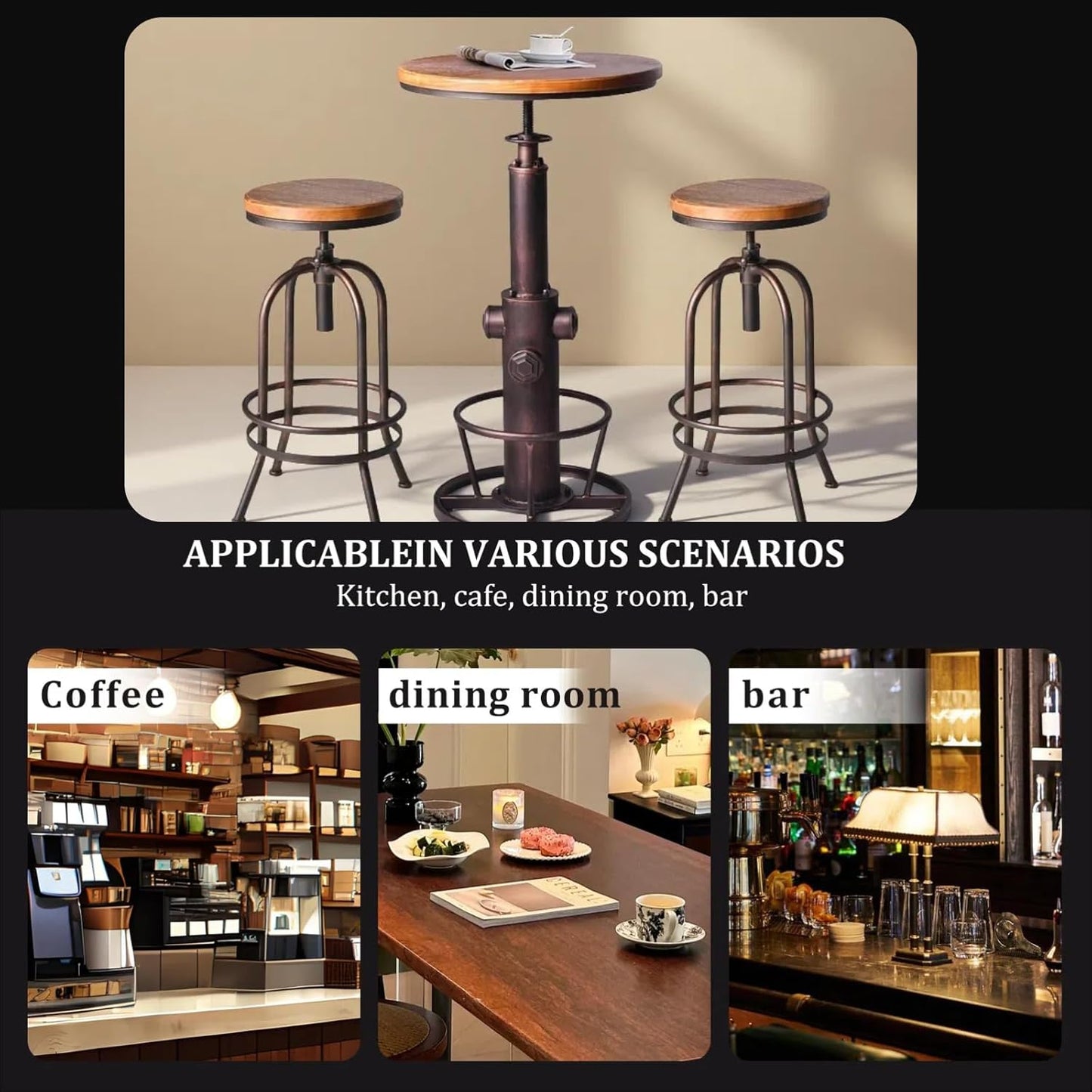 Industrial Bar Table Swivel Round Wooden Top Height Adjustable 38.6-44.4inch Vintage Kitchen Dining Chair Coffee Table Hydrant Design Bistro Table