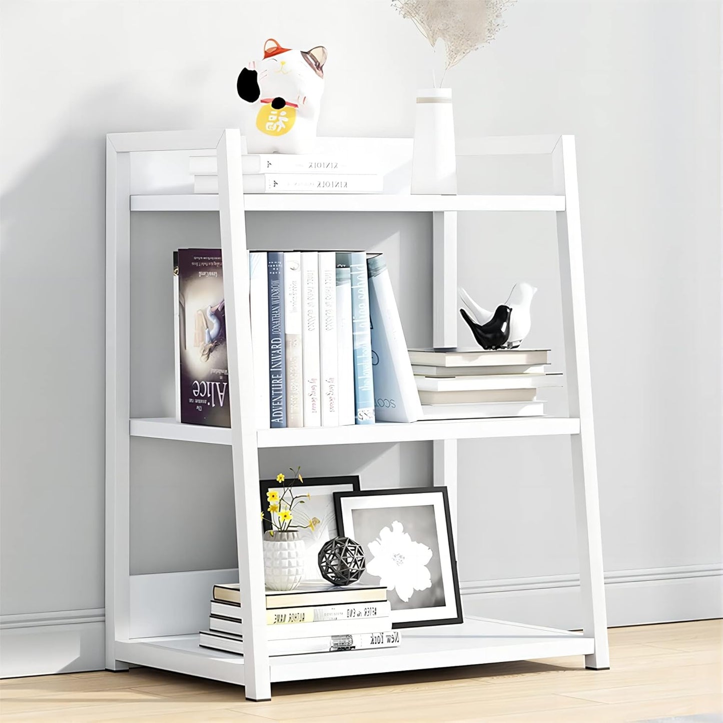IOTXY 3 Tier Open Bookshelf - Steel and Wood Display Stand, 50CM Width Floor-Standing Bookcase, White