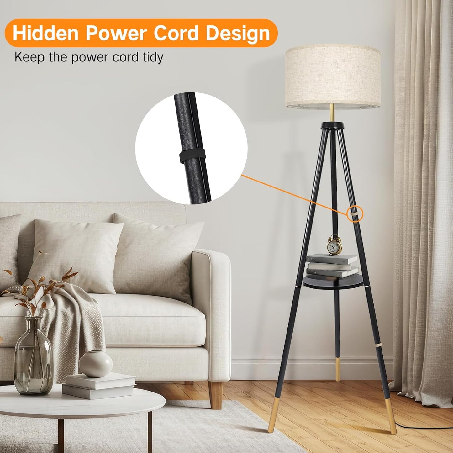 OUTON Wood Tripod Floor Lamp with Shelves, Mid Century Floor Lamp with Remote Control, 4 Color Temperature, LED Modern Dimmable Standing Lamp for Living Room, Bedroom, Office, Black & Gold