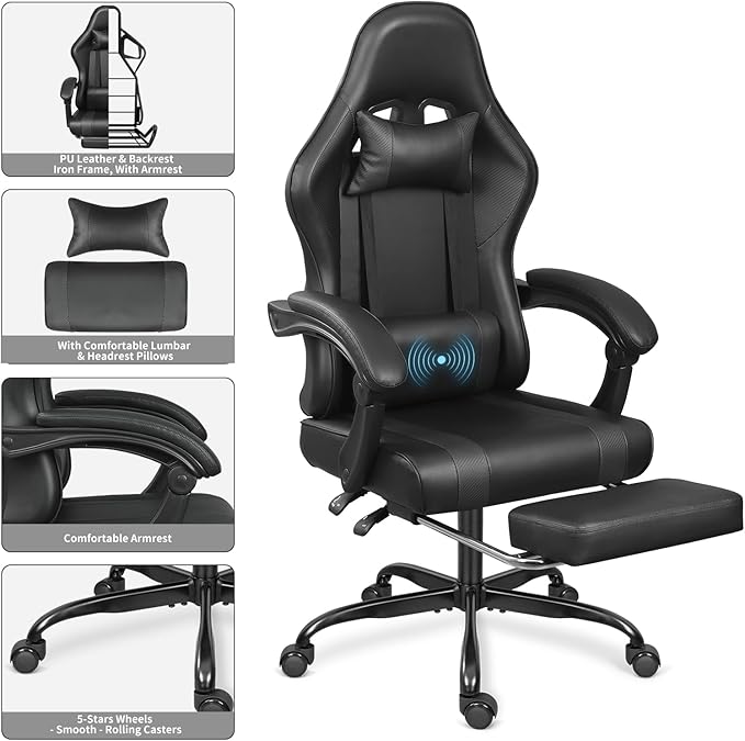 Gaming Chair with Footrest and Massage Lumbar Support, Height Adjustable Game Chair, Video Gaming Chair for Gaming Room, Living Room and Office - Black