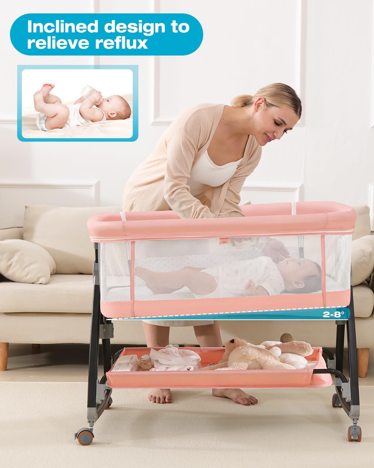 Bedside Bassinet for Baby, 3 in 1 Breathable Mesh Baby Bassinet, 6 Height Adjustable, Easy to Fold, Bassinet Bedside Sleeper with Wheels, Mosquito Net, Storage Basket, Rocking Bassinet for Baby, Pink